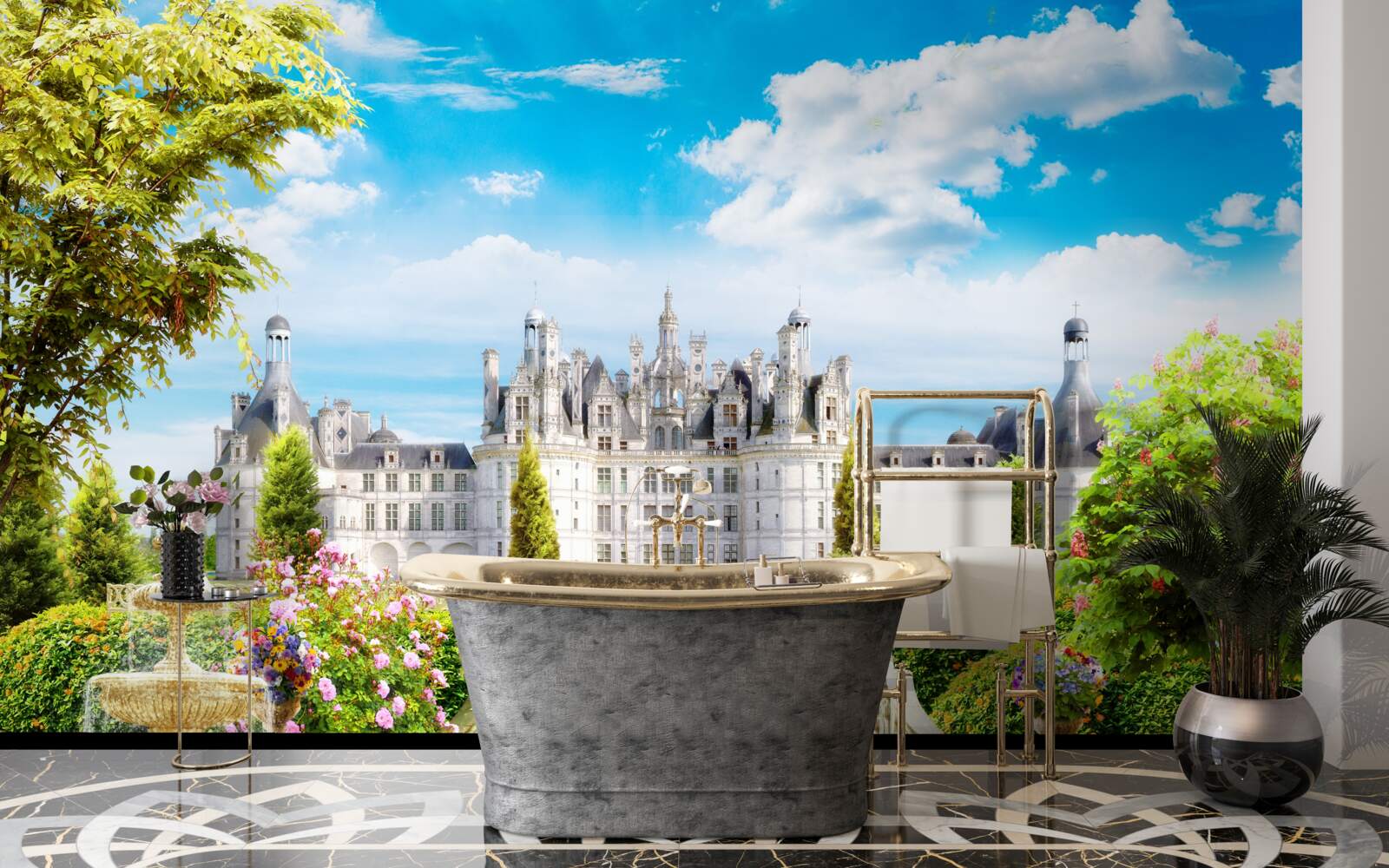 Fototapeta schody vedúce na trávnik pri paláci