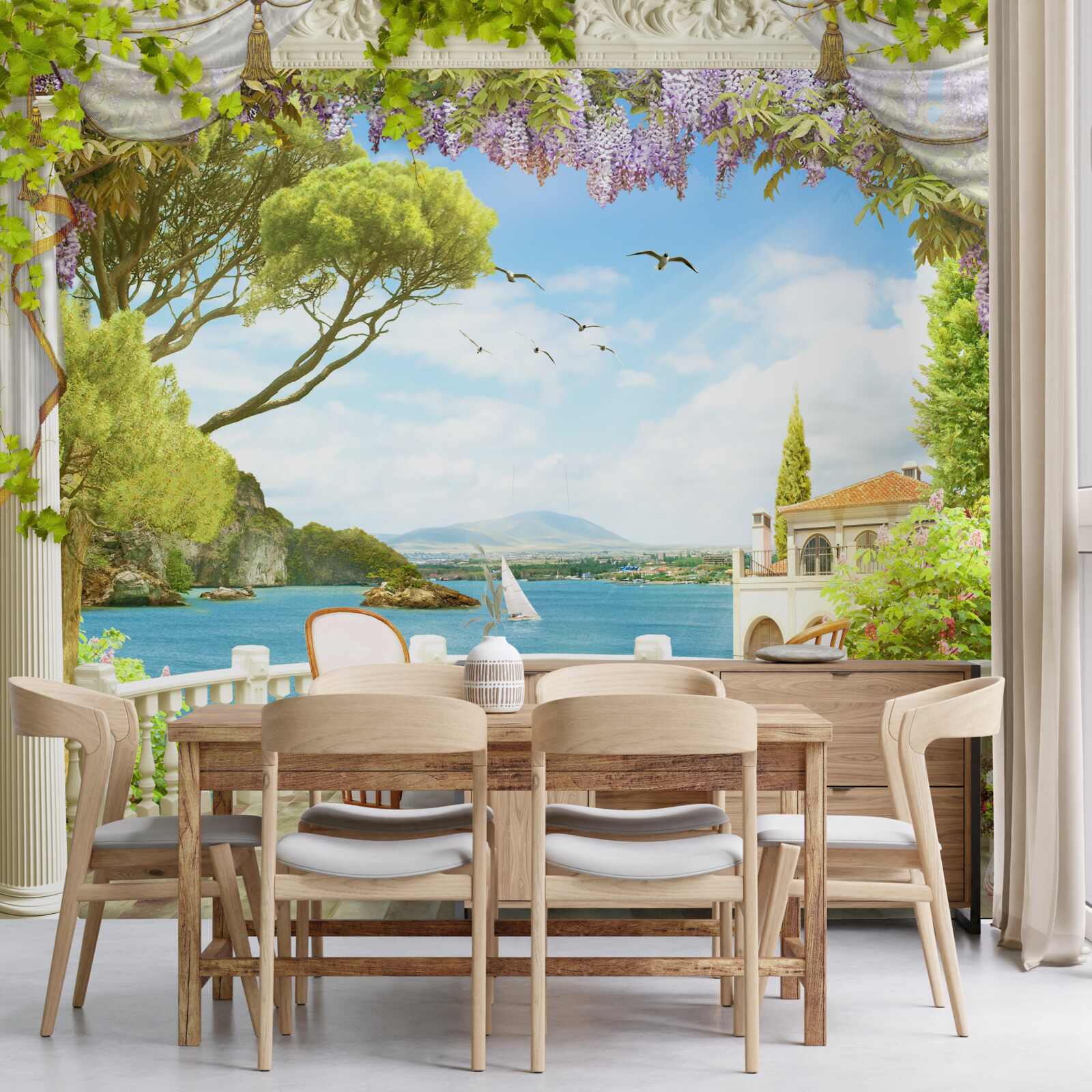 Fototapeta pár stoličiek so stolom a výhľadom na oceán