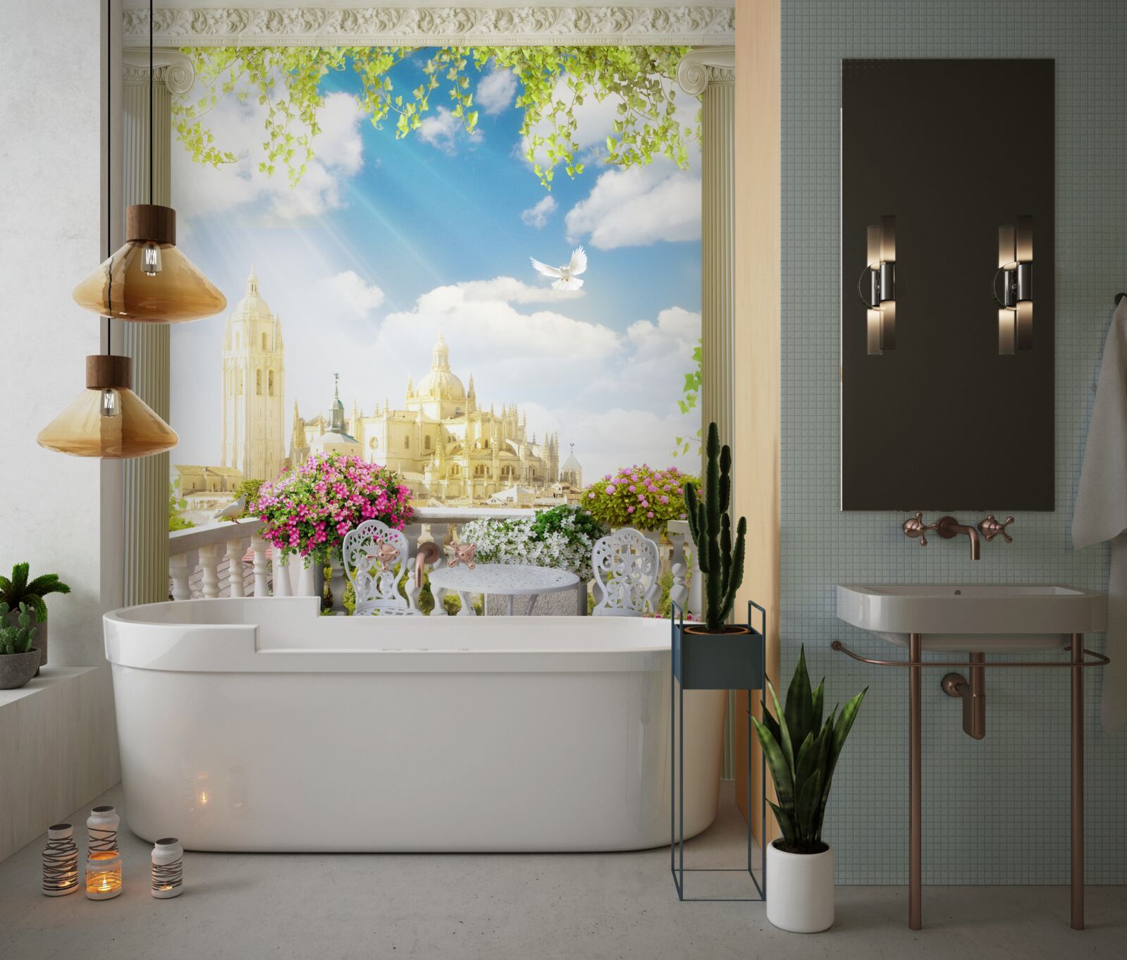 Fototapeta terasa s krásnym výhľadom na historické budovy