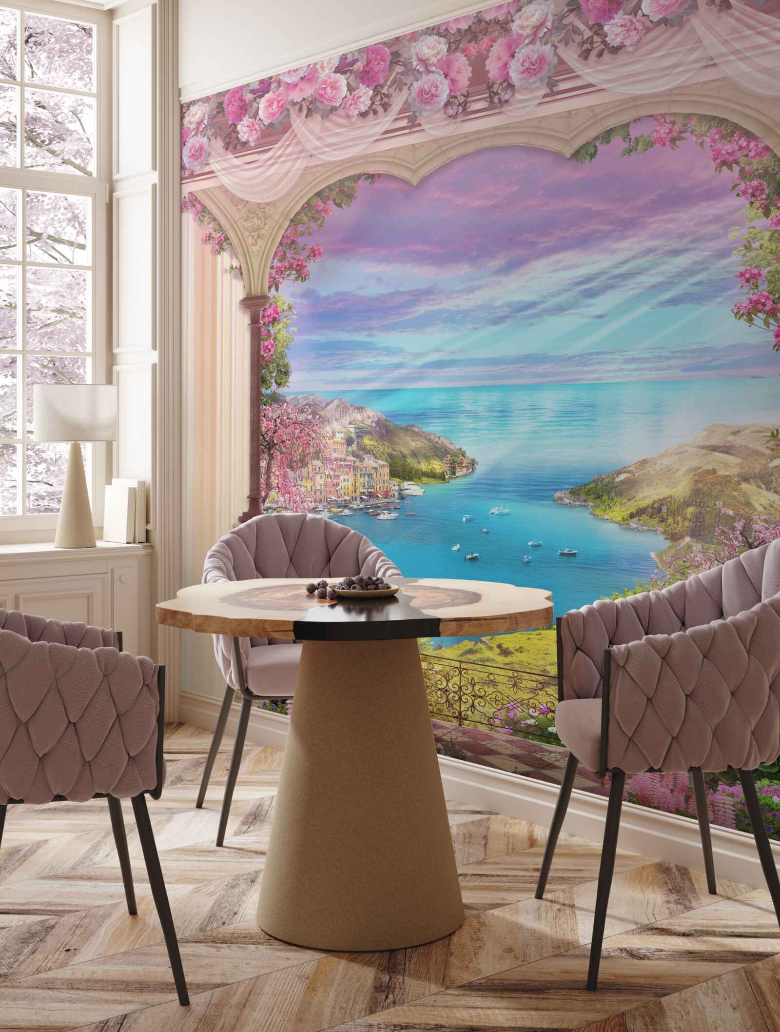 Fototapeta oblúk zdobený ružovými kvetmi