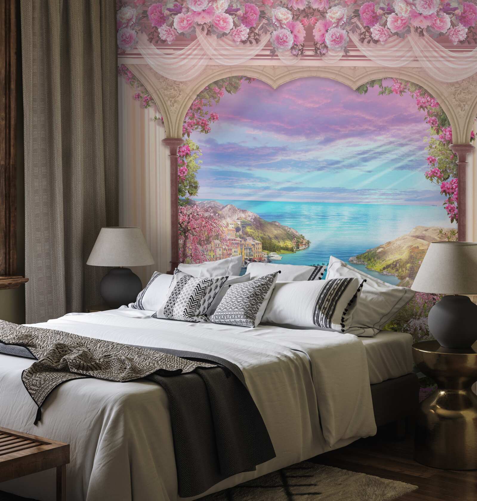 Fototapeta oblúk zdobený ružovými kvetmi