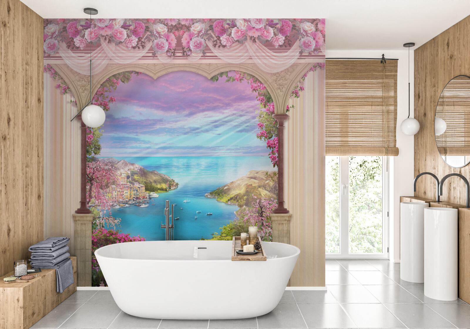 Fototapeta oblúk zdobený ružovými kvetmi