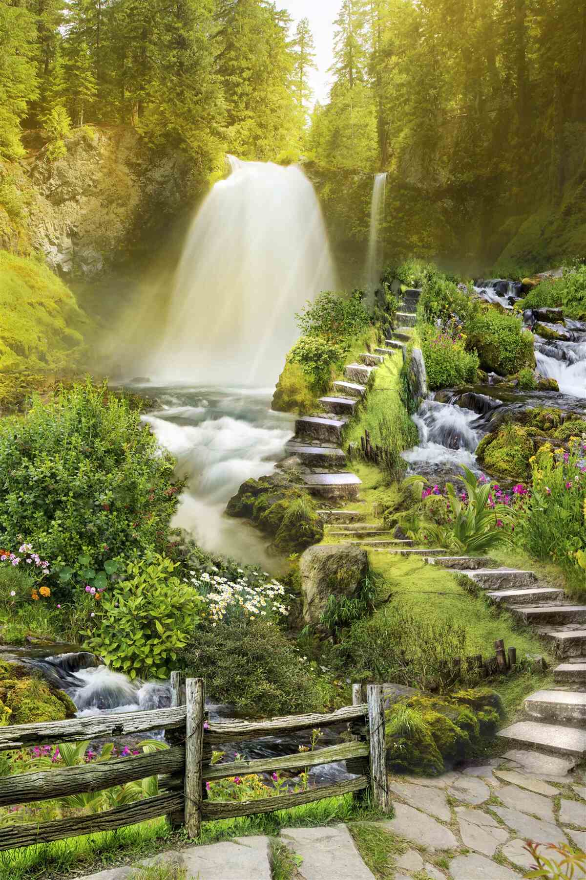 Fototapeta cesta k vodopádu obklopená zeleňou