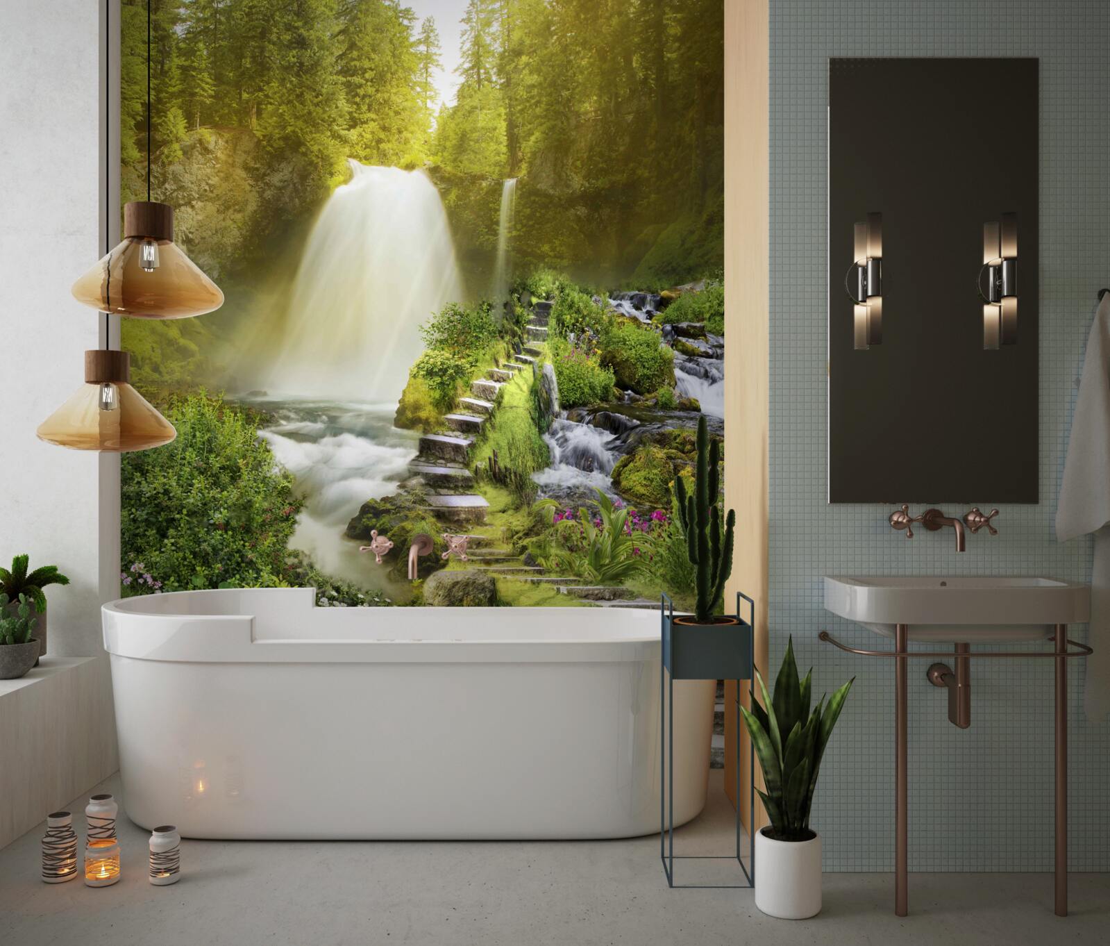 Fototapeta cesta k vodopádu obklopená zeleňou