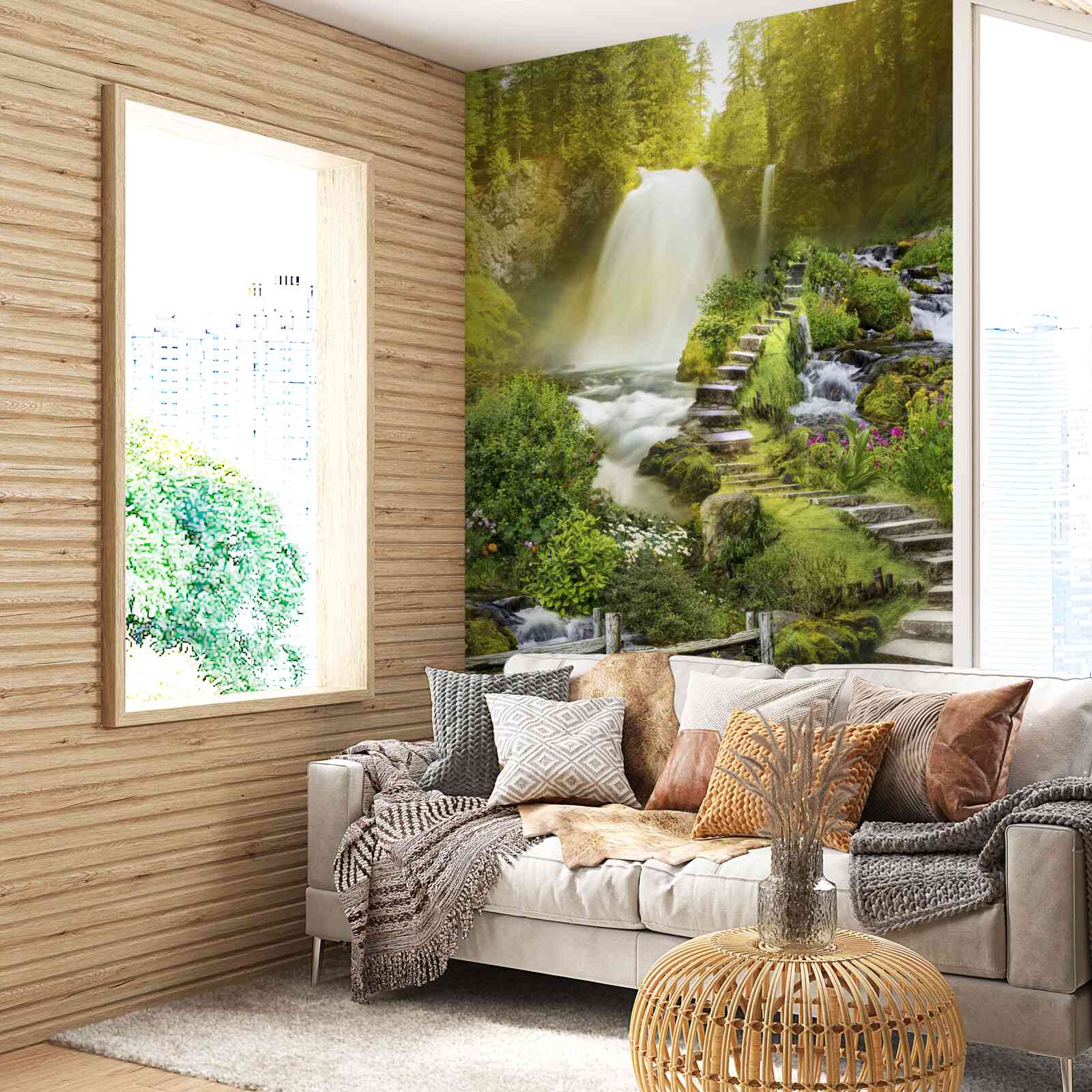 Fototapeta cesta k vodopádu obklopená zeleňou