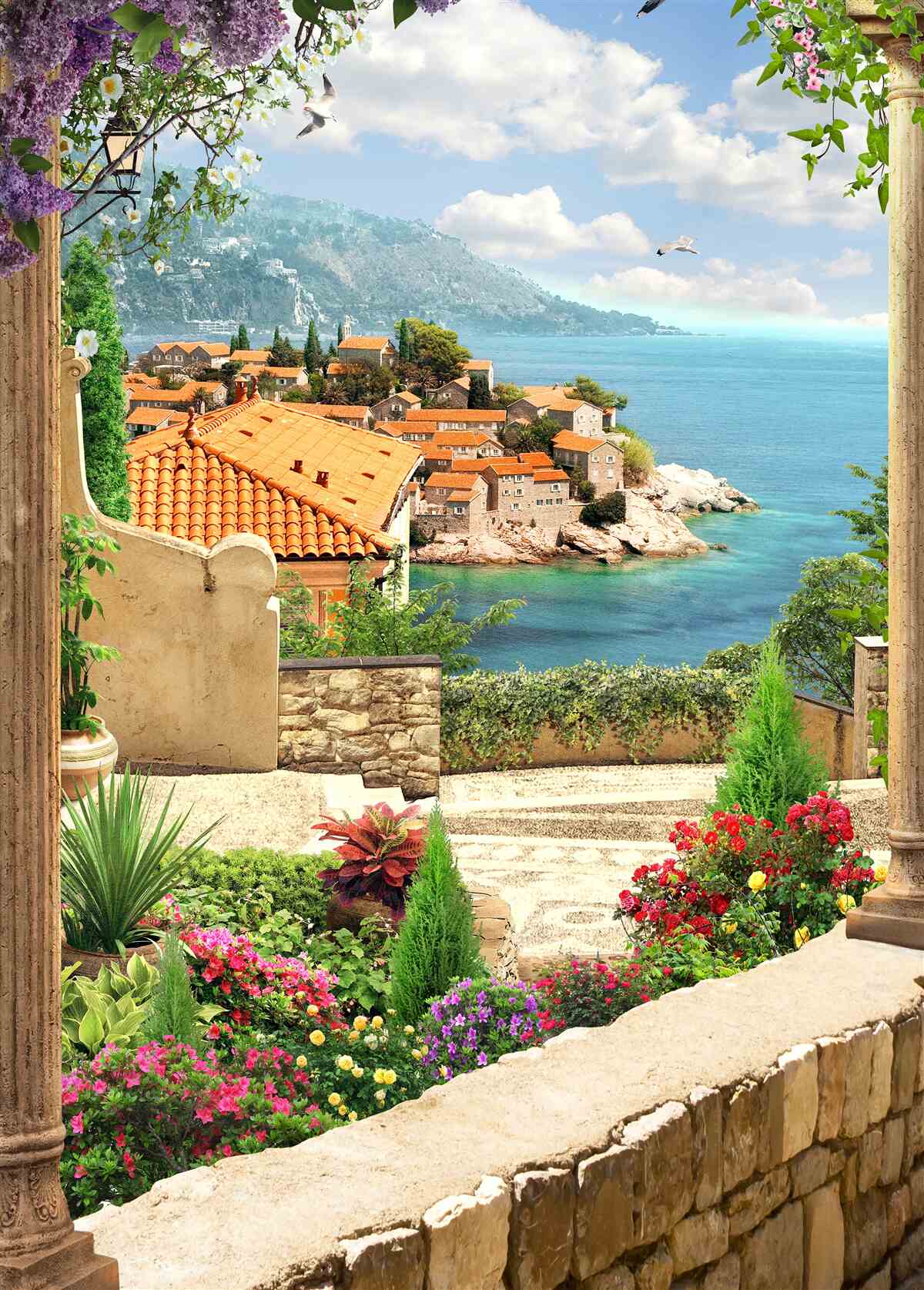 Fototapeta pohodlný dvor s výhľadom na more