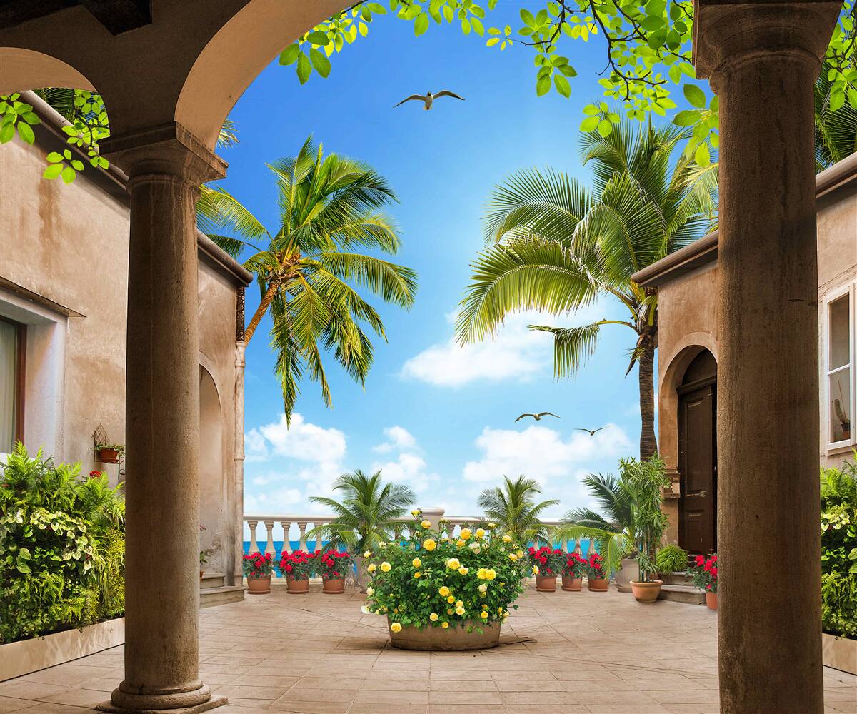 Fototapeta terasa zdobená zelenými rastlinami