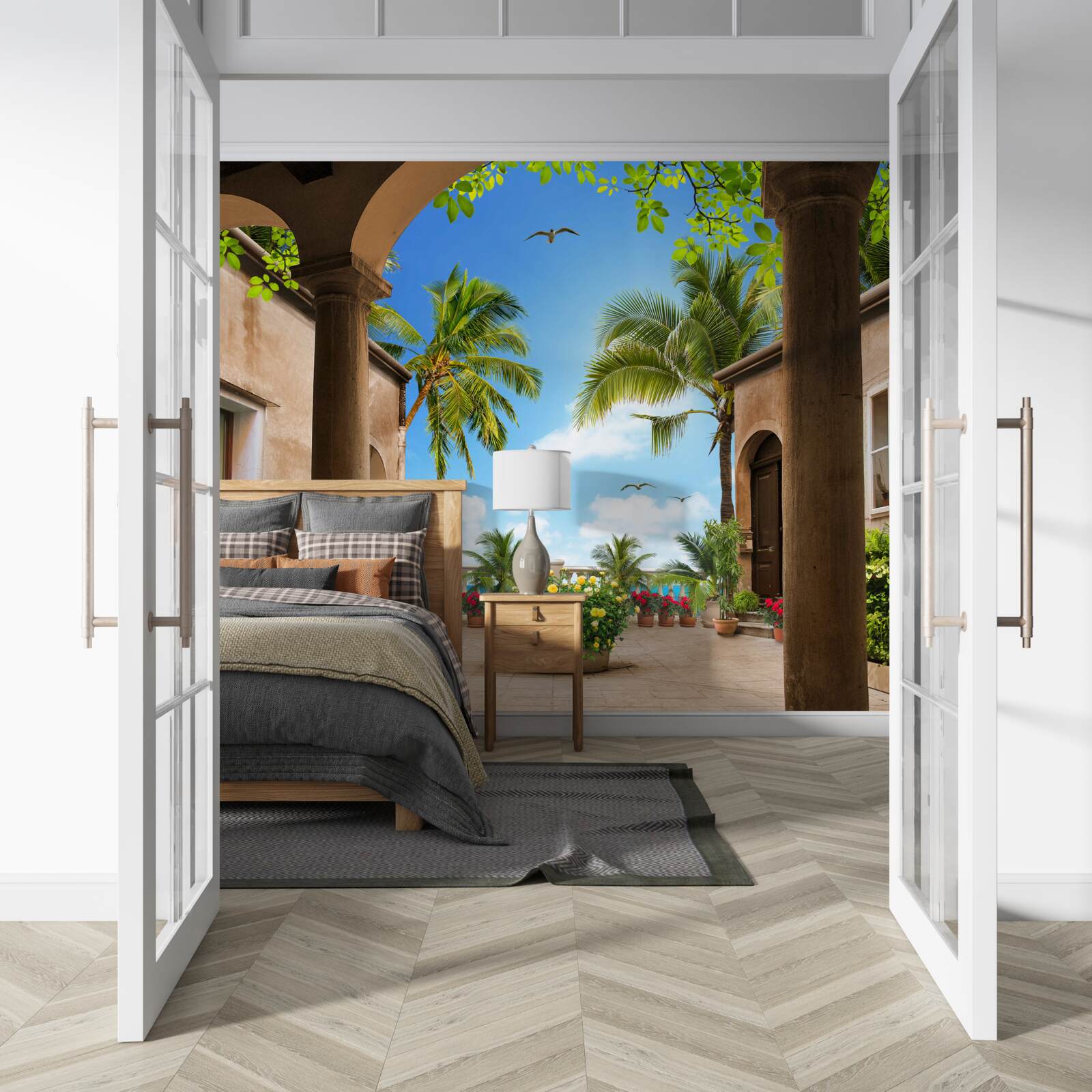 Fototapeta terasa zdobená zelenými rastlinami