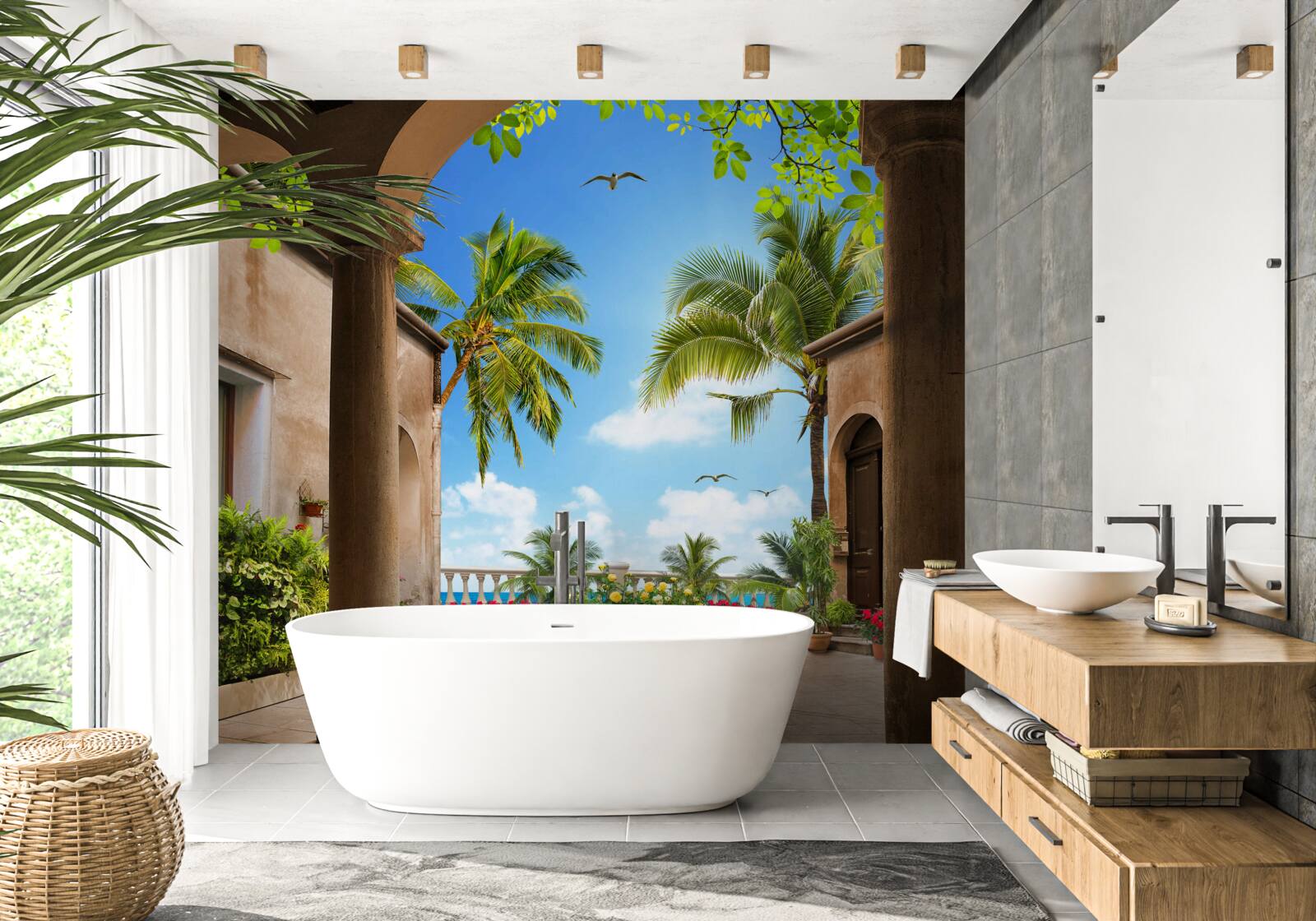 Fototapeta terasa zdobená zelenými rastlinami