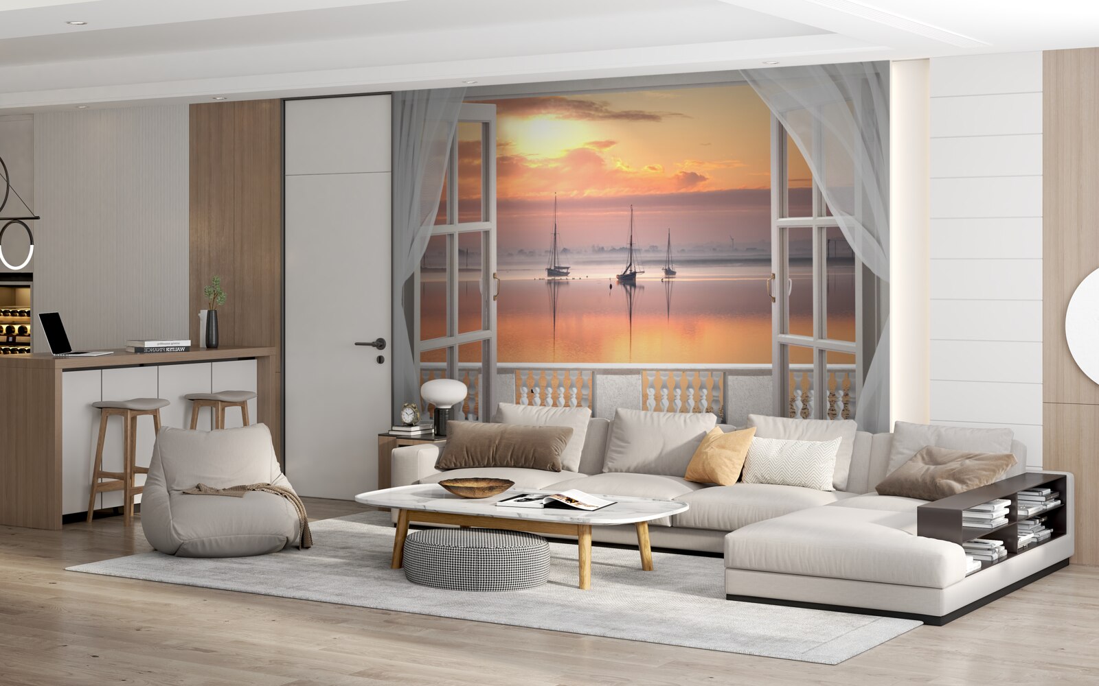 Fototapeta krajina pri západe slnka zo snehobieleho balkóna