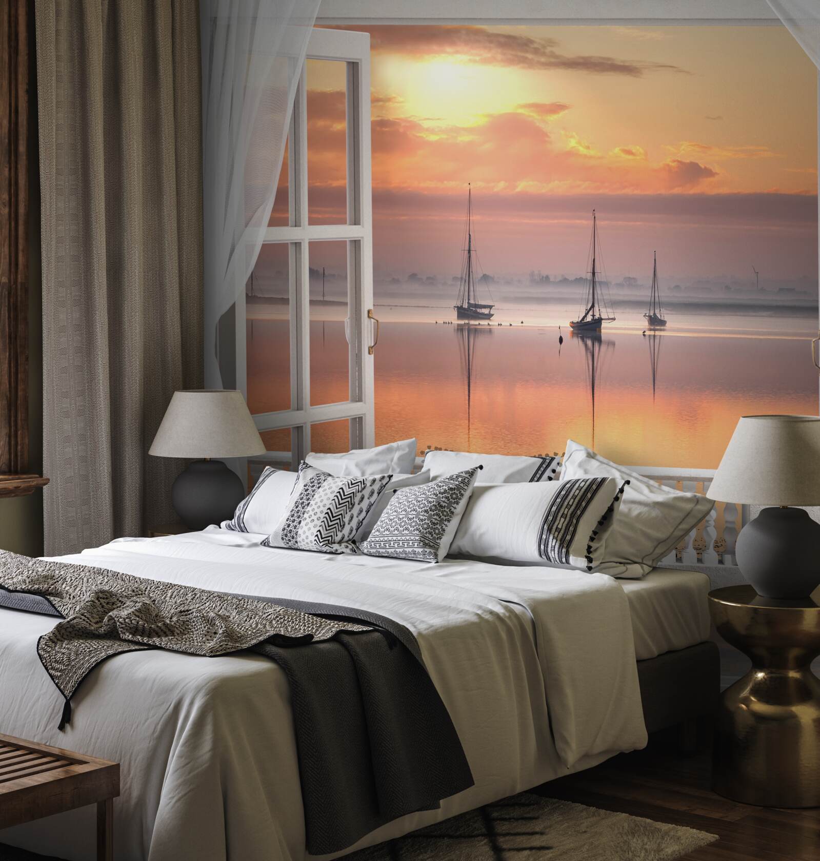 Fototapeta krajina pri západe slnka zo snehobieleho balkóna