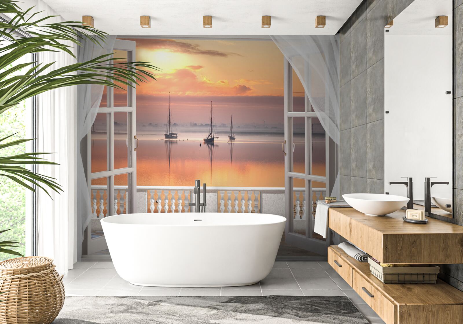 Fototapeta krajina pri západe slnka zo snehobieleho balkóna