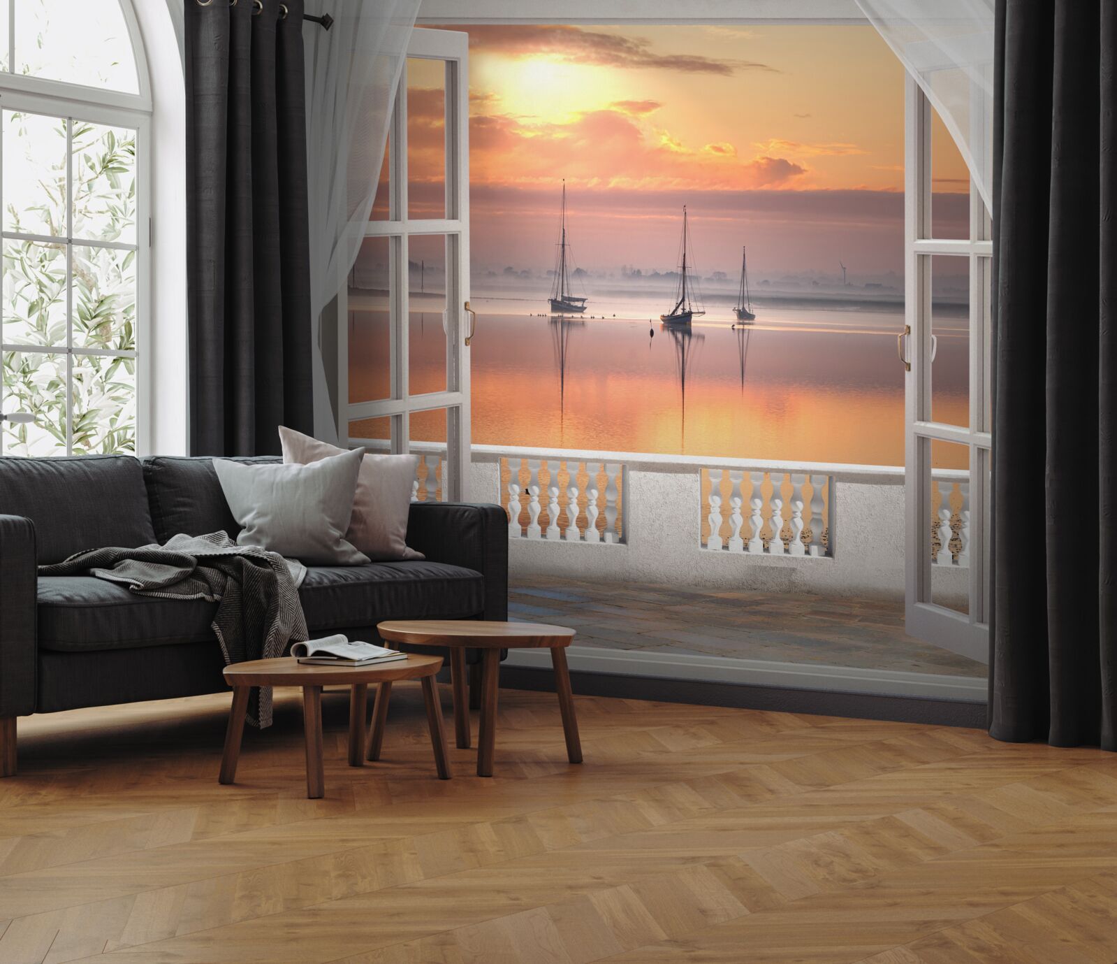 Fototapeta krajina pri západe slnka zo snehobieleho balkóna