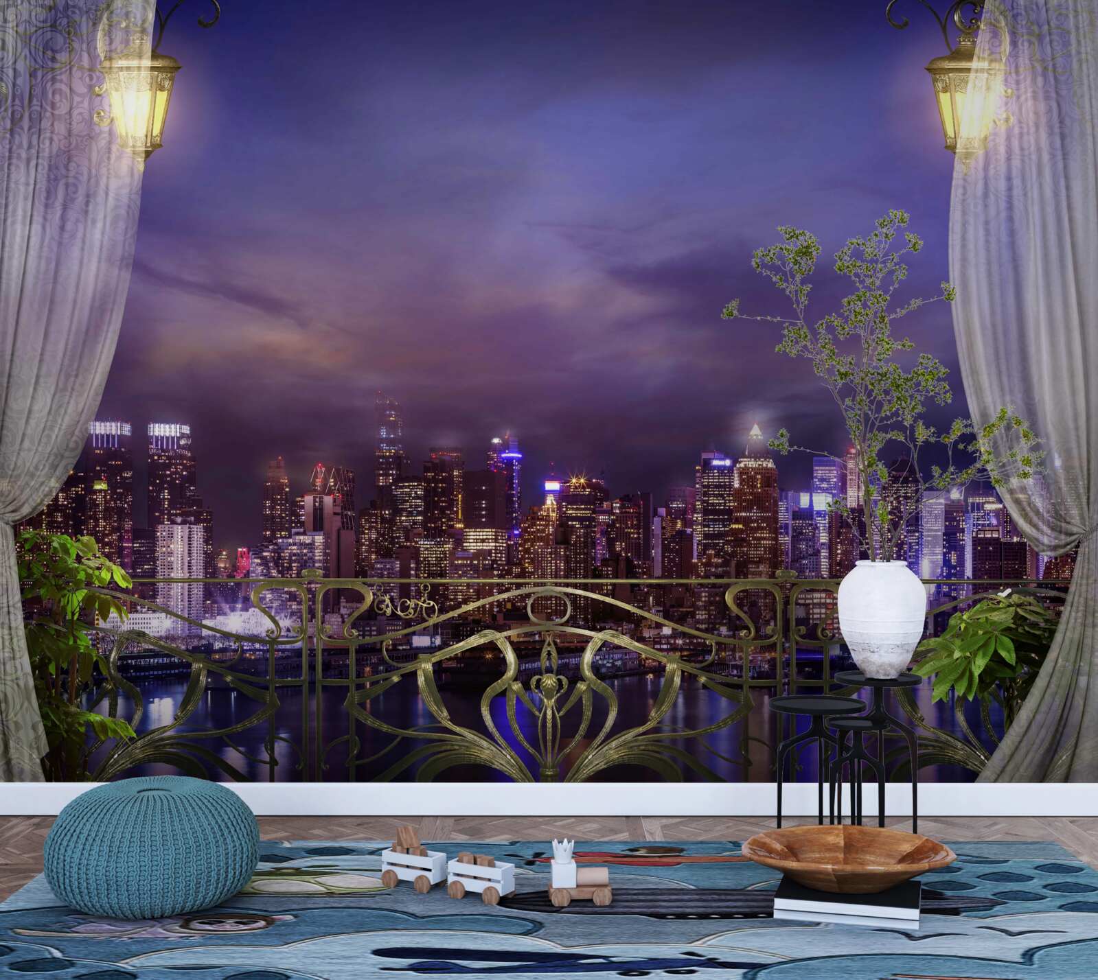 Fototapeta mesto v noci pri pohľade z balkóna