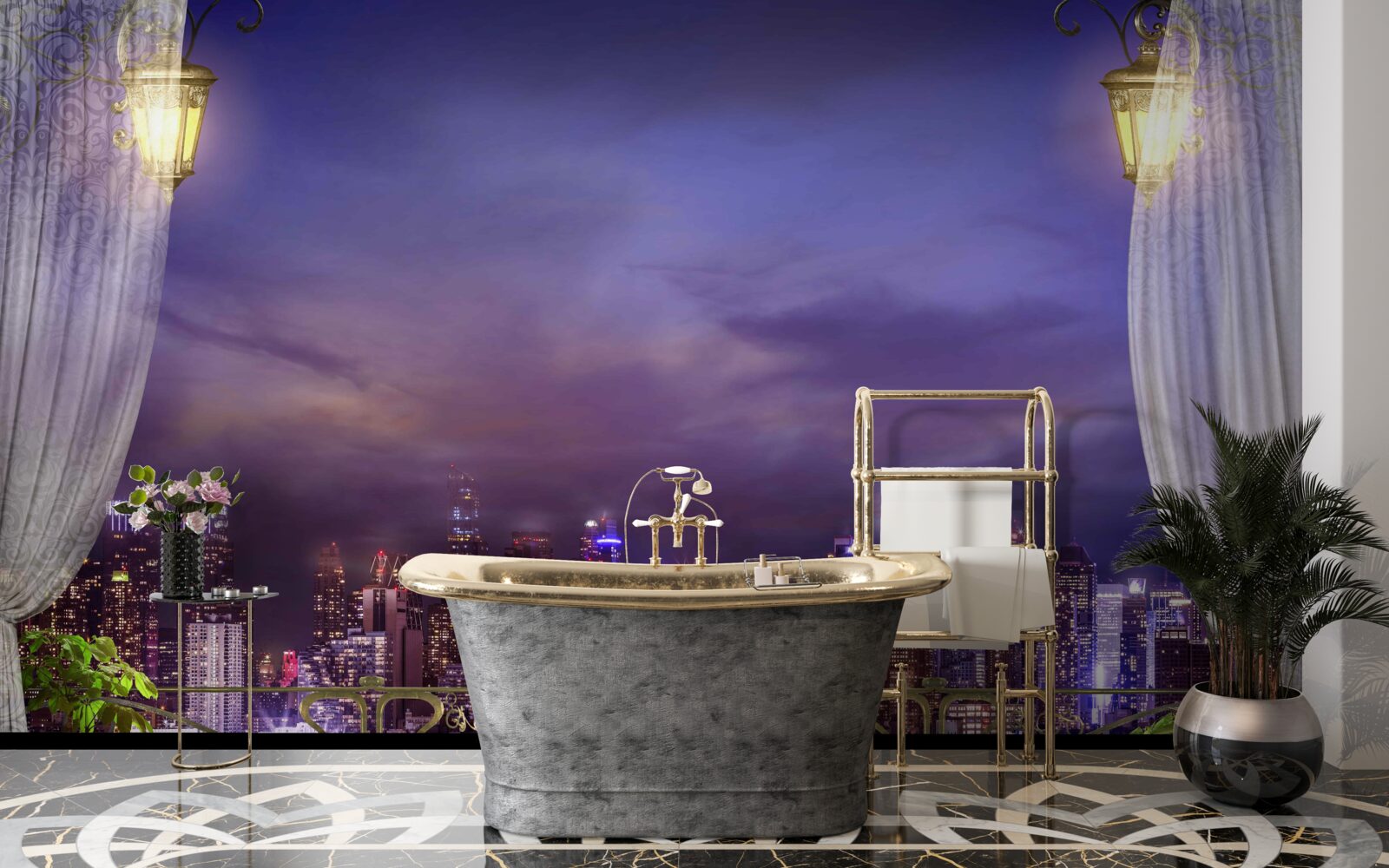 Fototapeta mesto v noci pri pohľade z balkóna