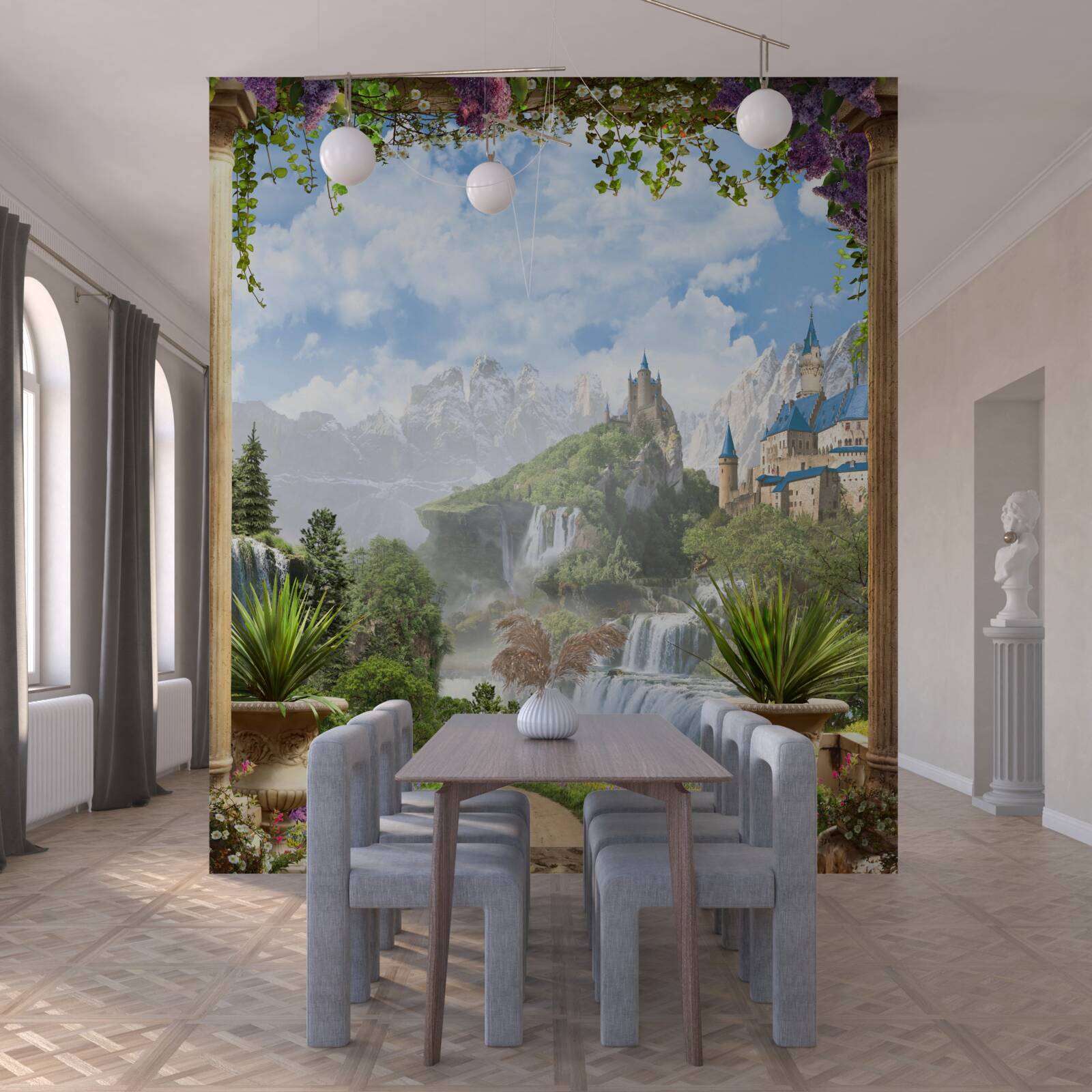 Fototapeta plošina s výhľadom na hrad a vodopád