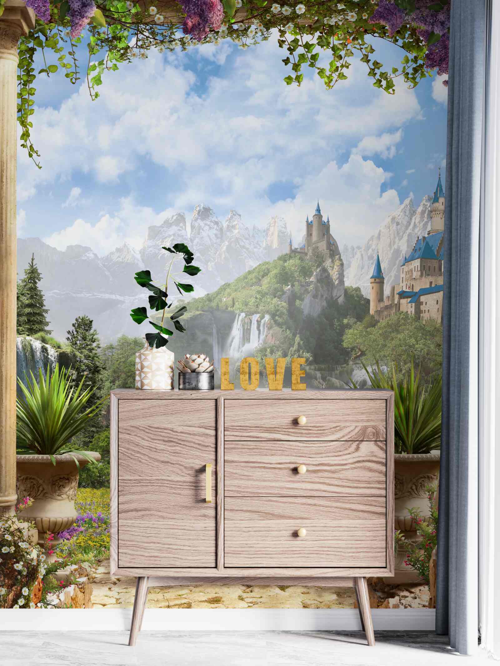 Fototapeta plošina s výhľadom na hrad a vodopád