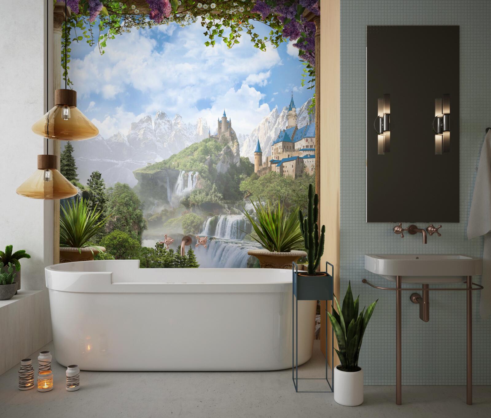 Fototapeta plošina s výhľadom na hrad a vodopád