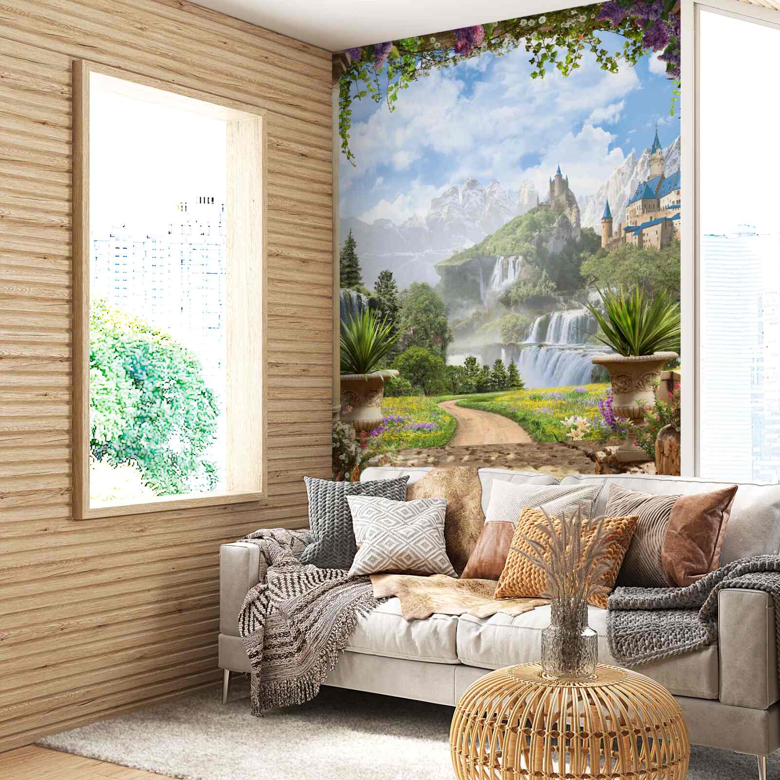 Fototapeta plošina s výhľadom na hrad a vodopád