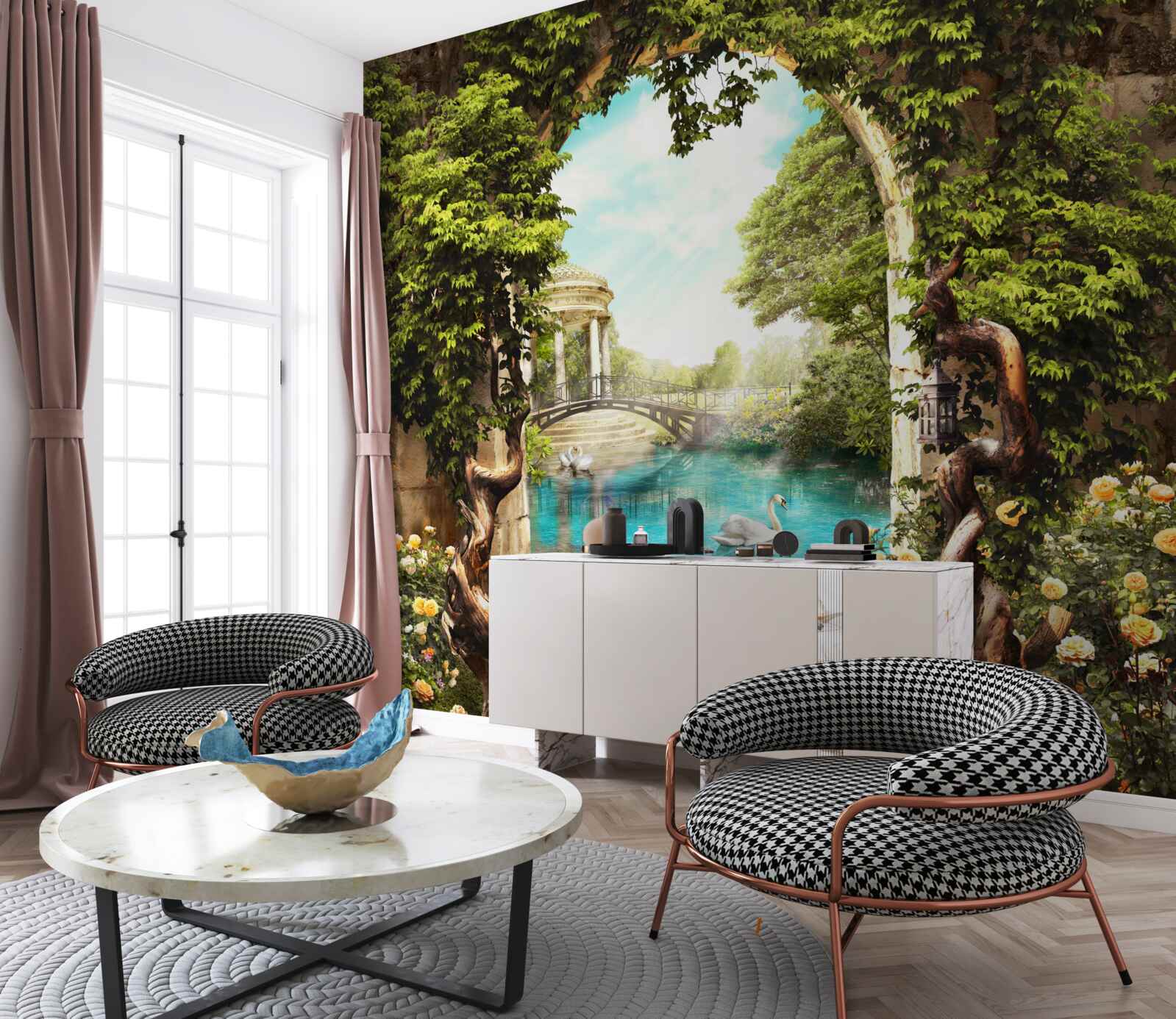 Fototapeta jazierko s bielymi labuťami