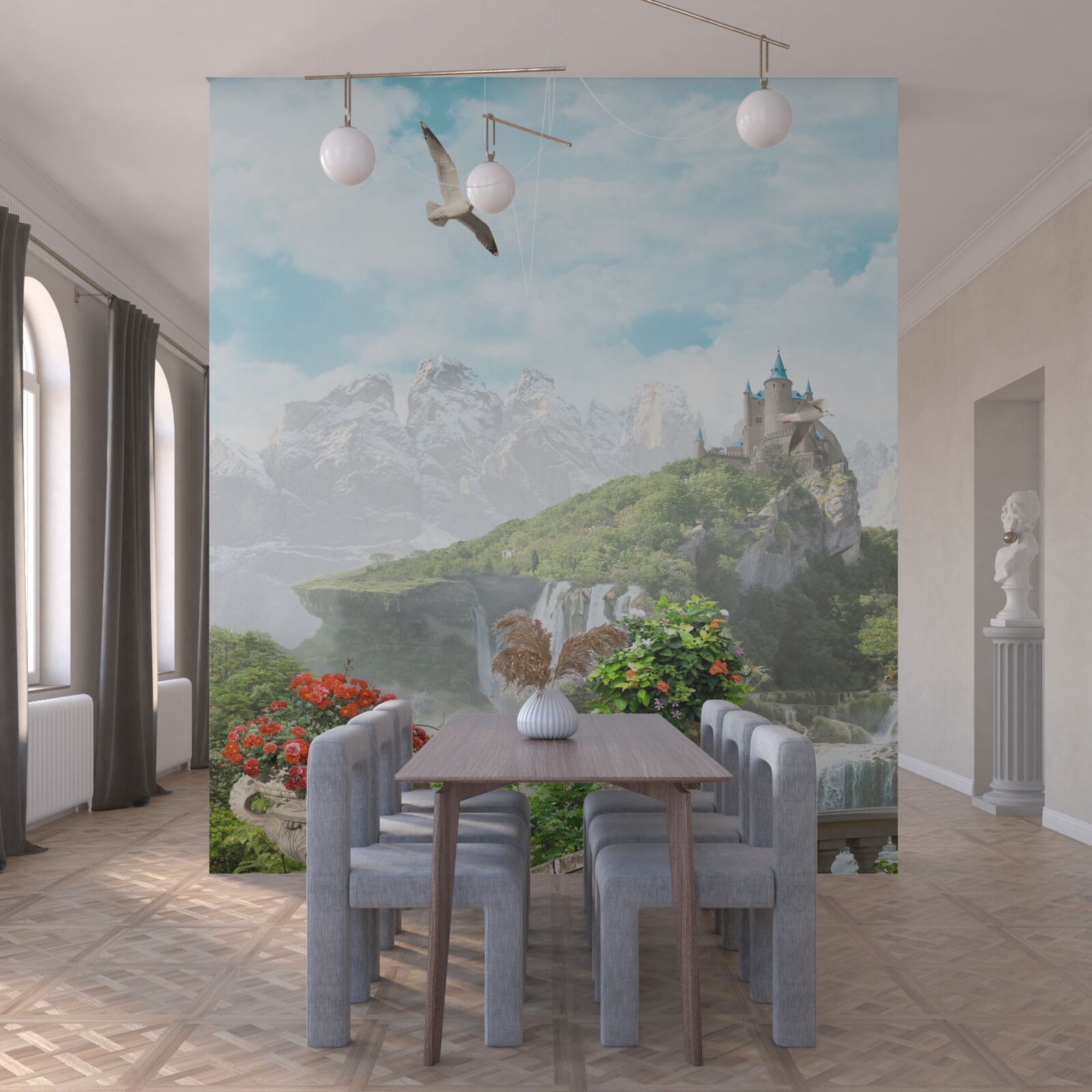 Fototapeta balkón s kvetmi s výhľadom na vodopád a zámok