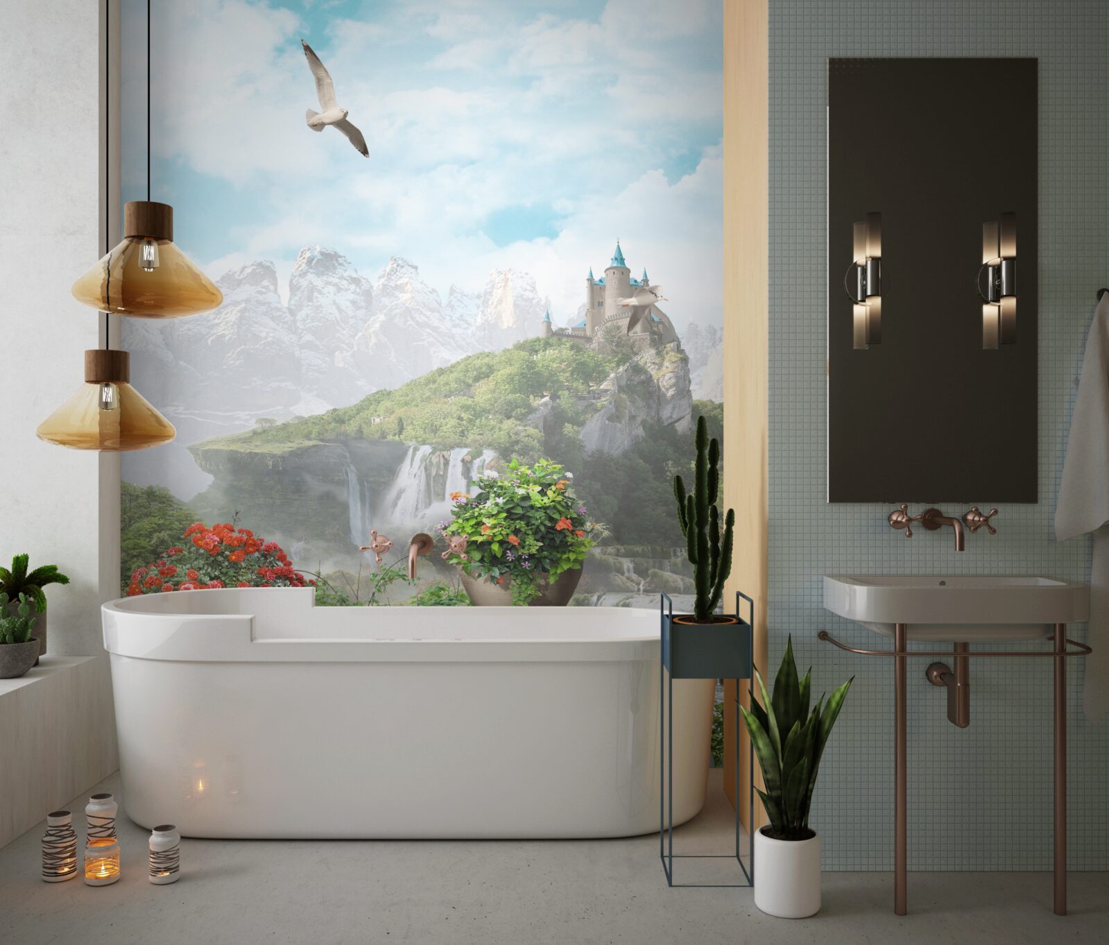 Fototapeta balkón s kvetmi s výhľadom na vodopád a zámok