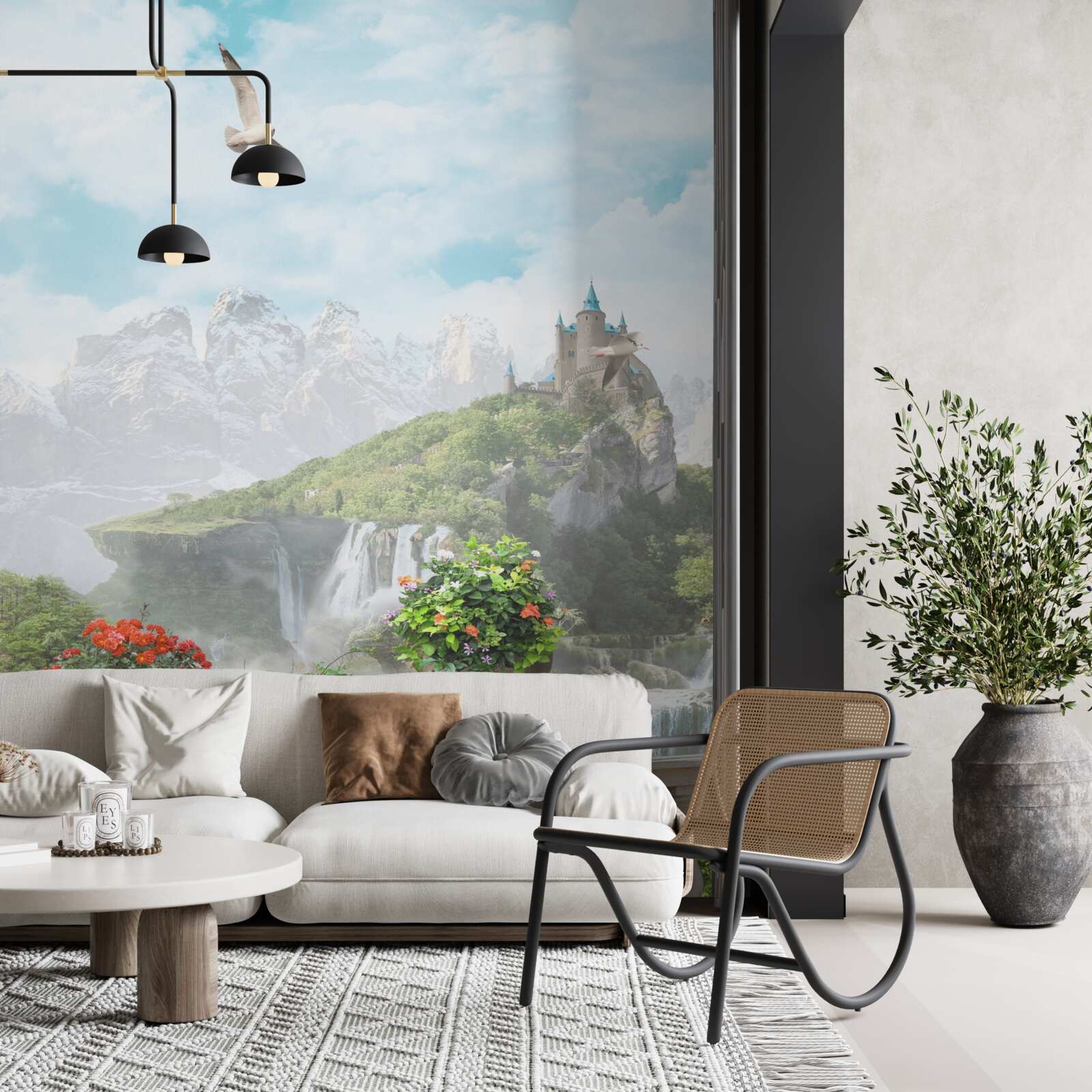 Fototapeta balkón s kvetmi s výhľadom na vodopád a zámok