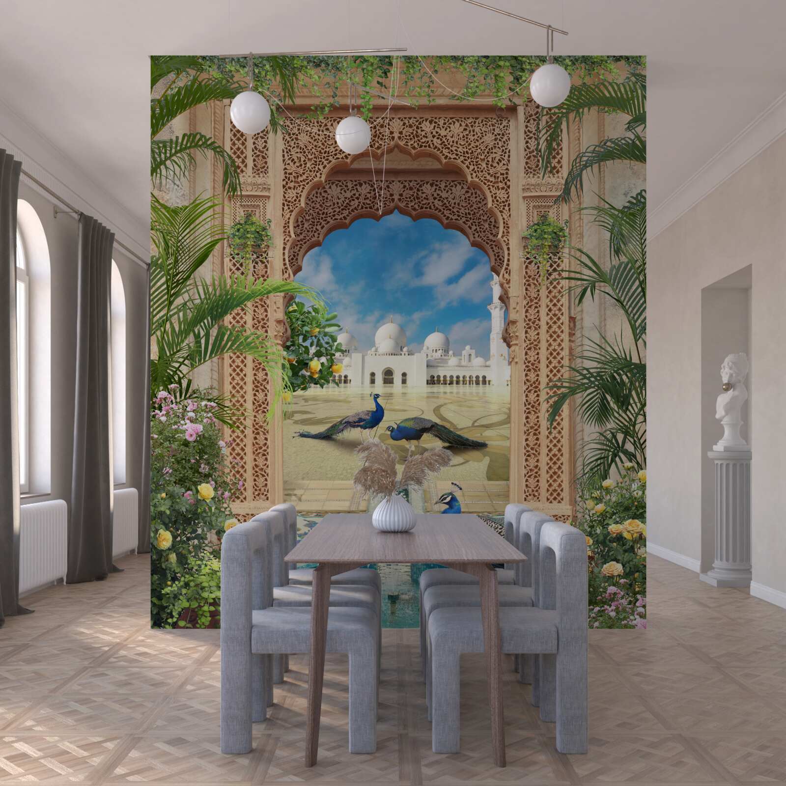 Fototapeta pávy pri jazierku s fontánou