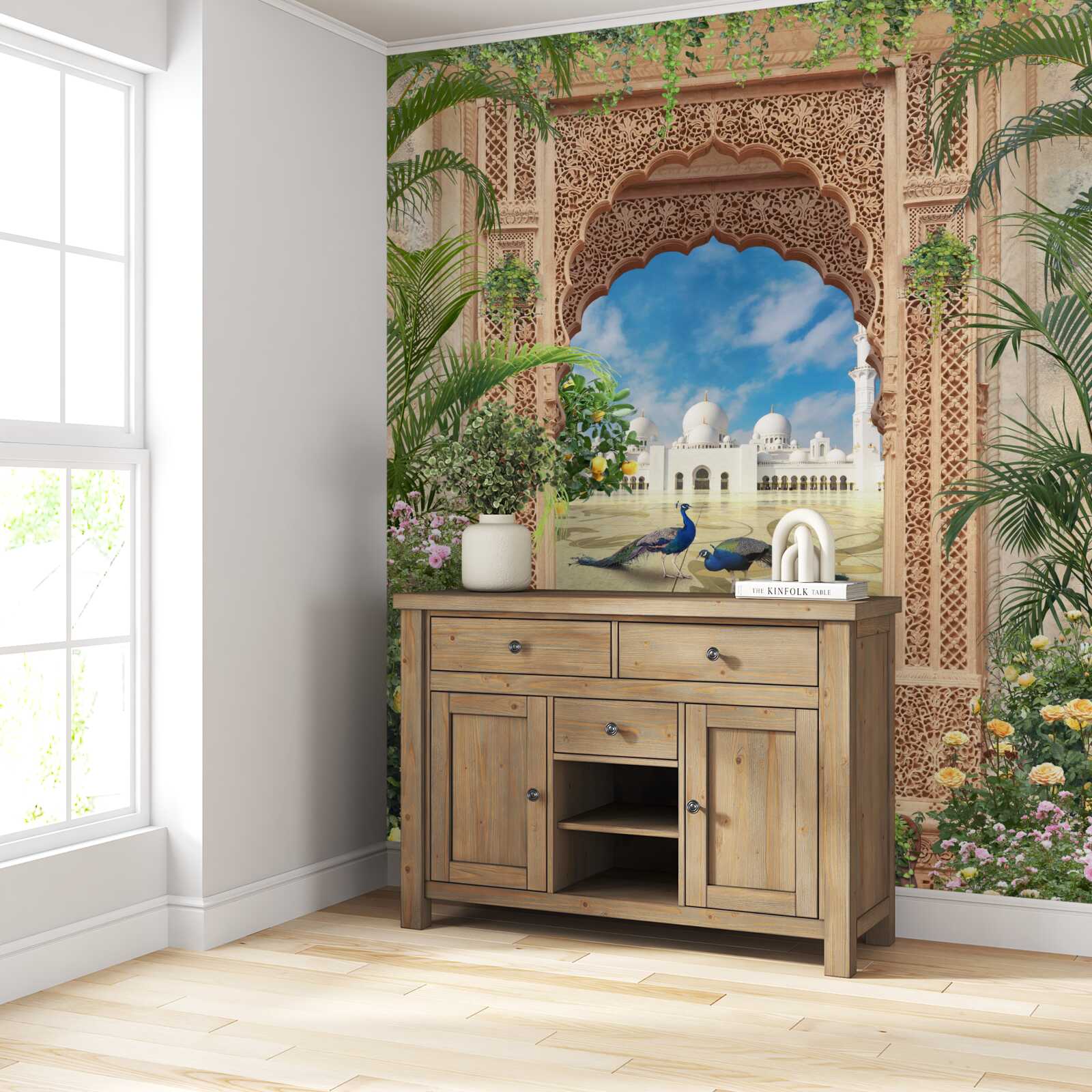 Fototapeta pávy pri jazierku s fontánou