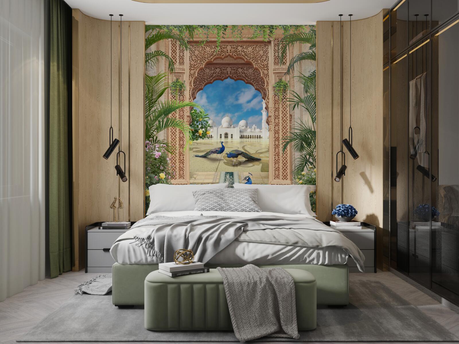 Fototapeta pávy pri jazierku s fontánou