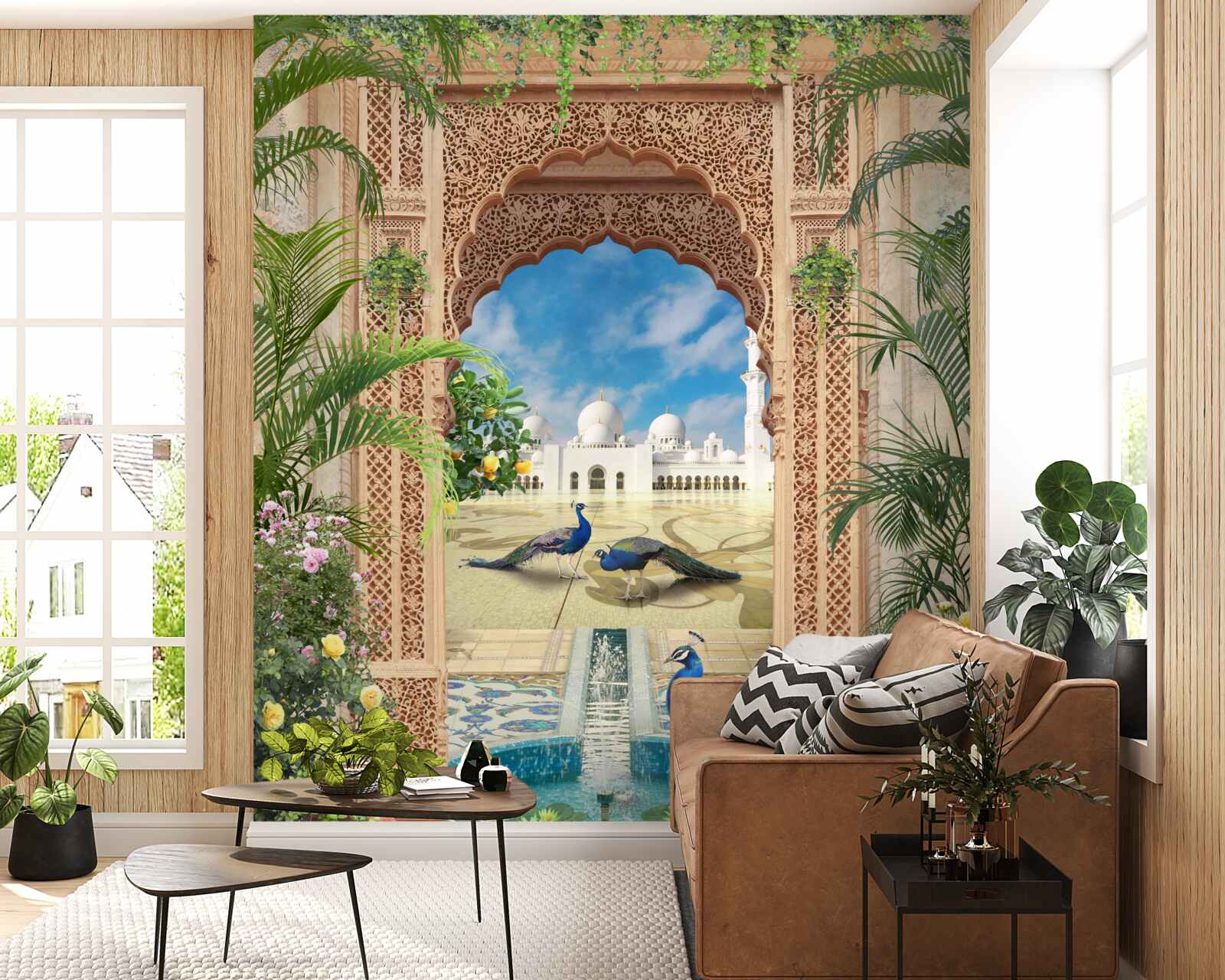 Fototapeta pávy pri jazierku s fontánou