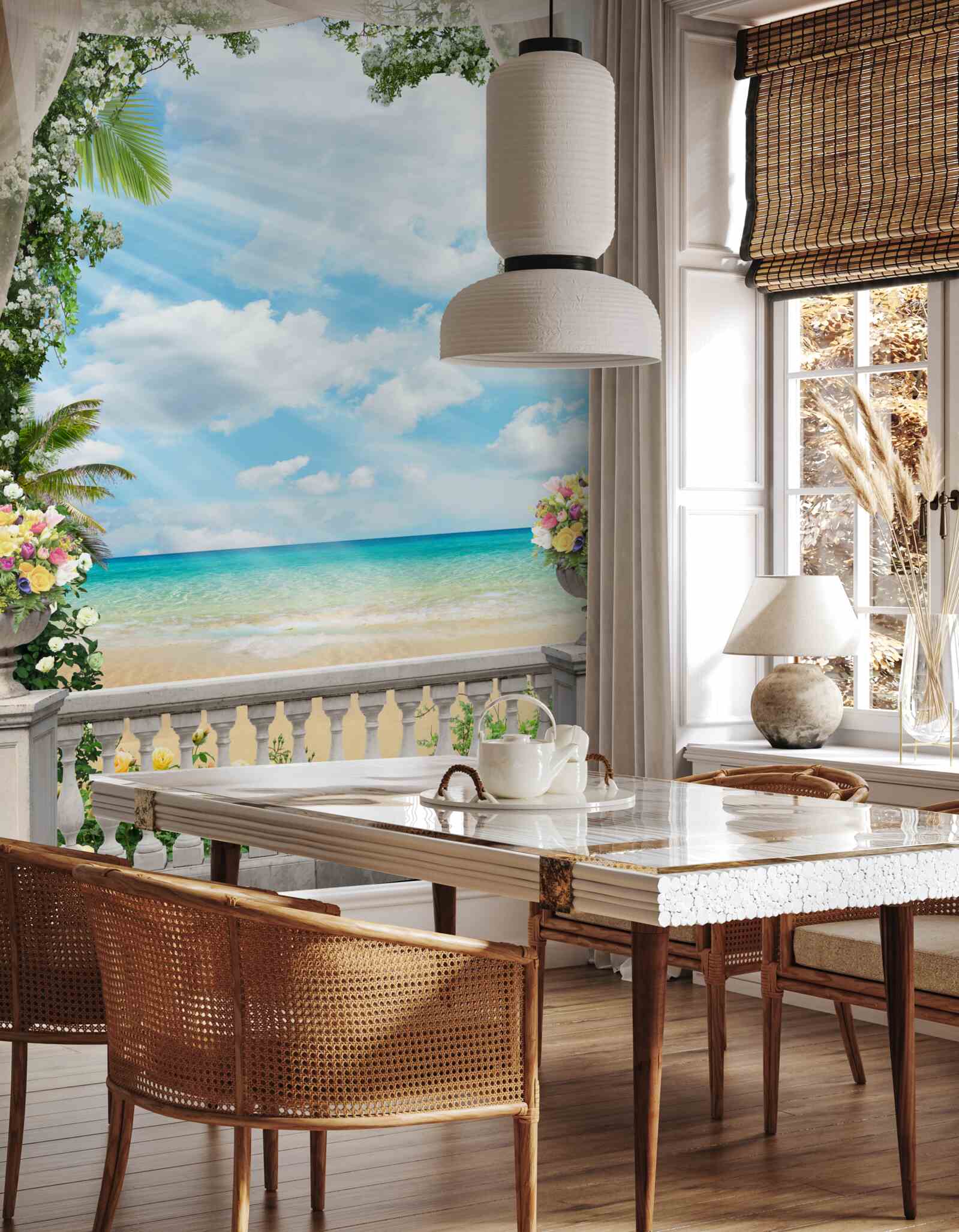 Fototapeta balkónové okná ponúkajú výhľad na piesočnatú pláž a more