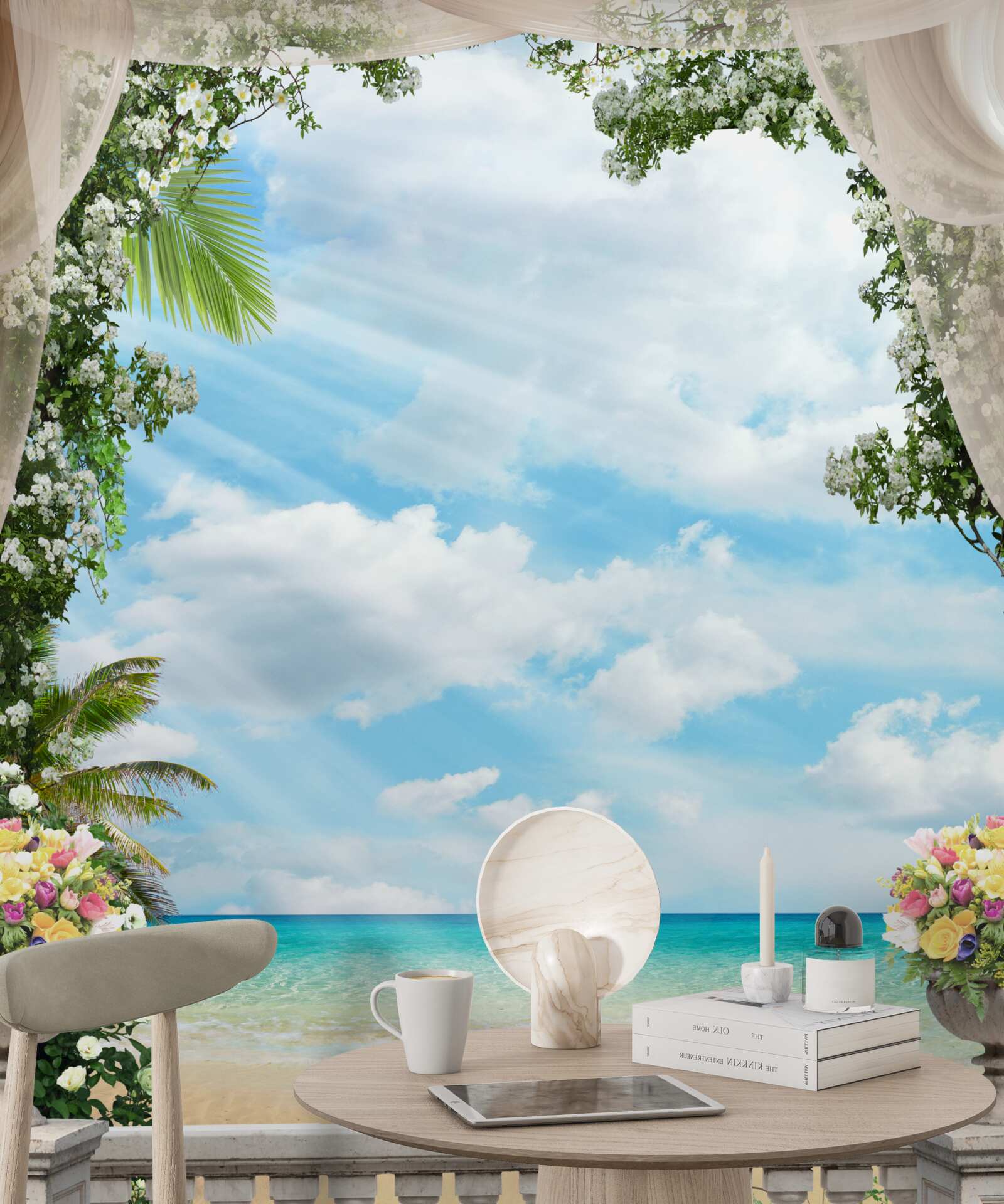 Fototapeta balkónové okná ponúkajú výhľad na piesočnatú pláž a more