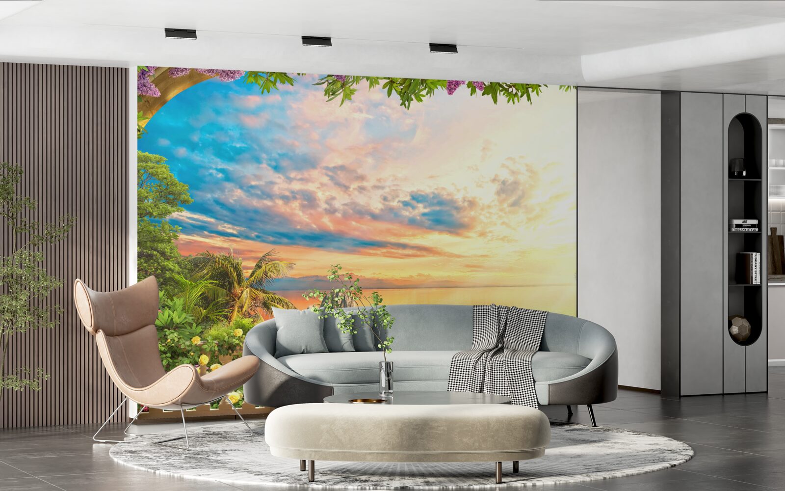 Fototapeta terasa s výhľadom na more, zaliata svetlom zapadajúceho slnka