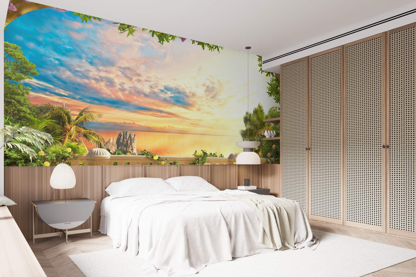 Fototapeta terasa s výhľadom na more, zaliata svetlom zapadajúceho slnka