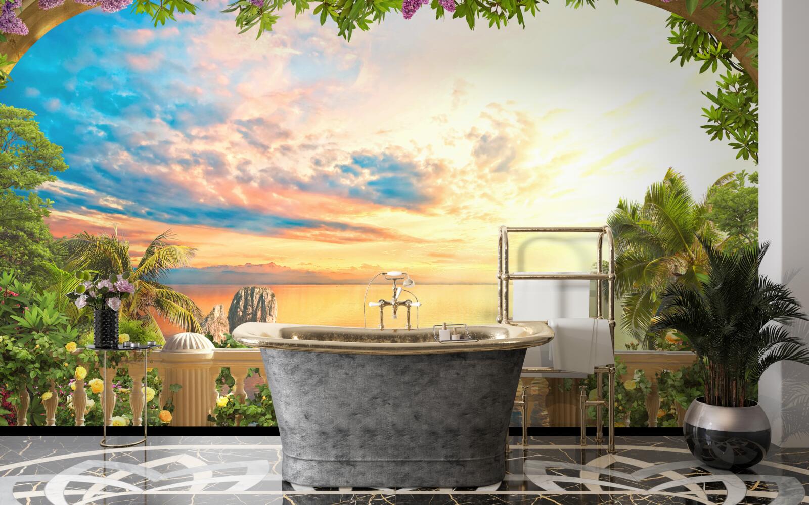 Fototapeta terasa s výhľadom na more, zaliata svetlom zapadajúceho slnka