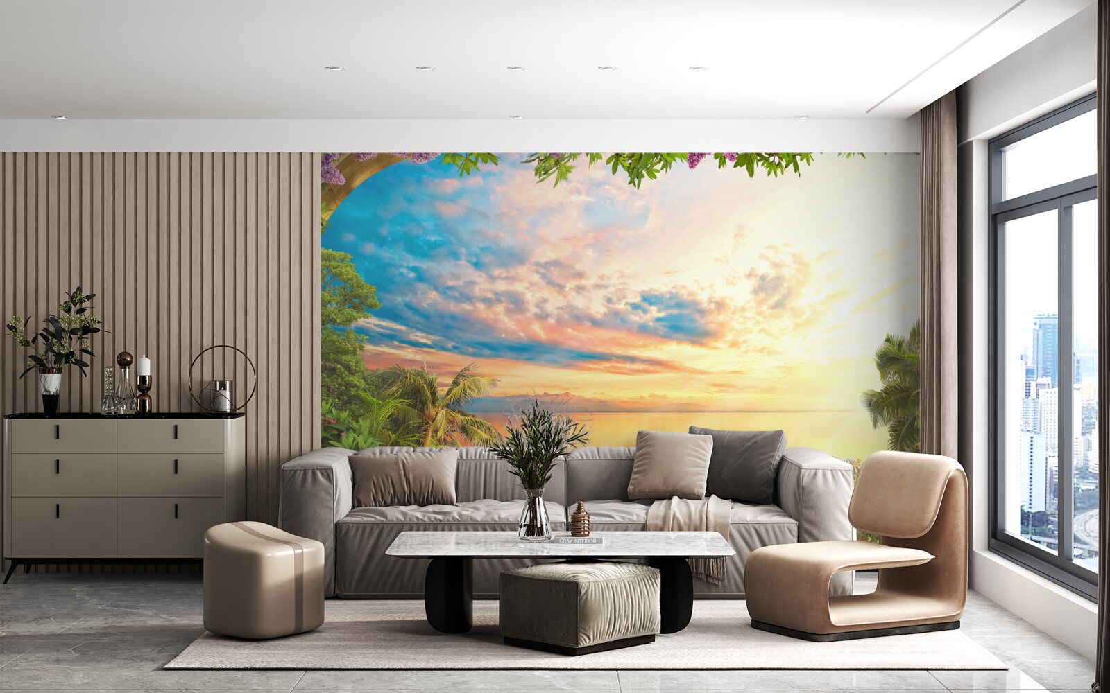 Fototapeta terasa s výhľadom na more, zaliata svetlom zapadajúceho slnka