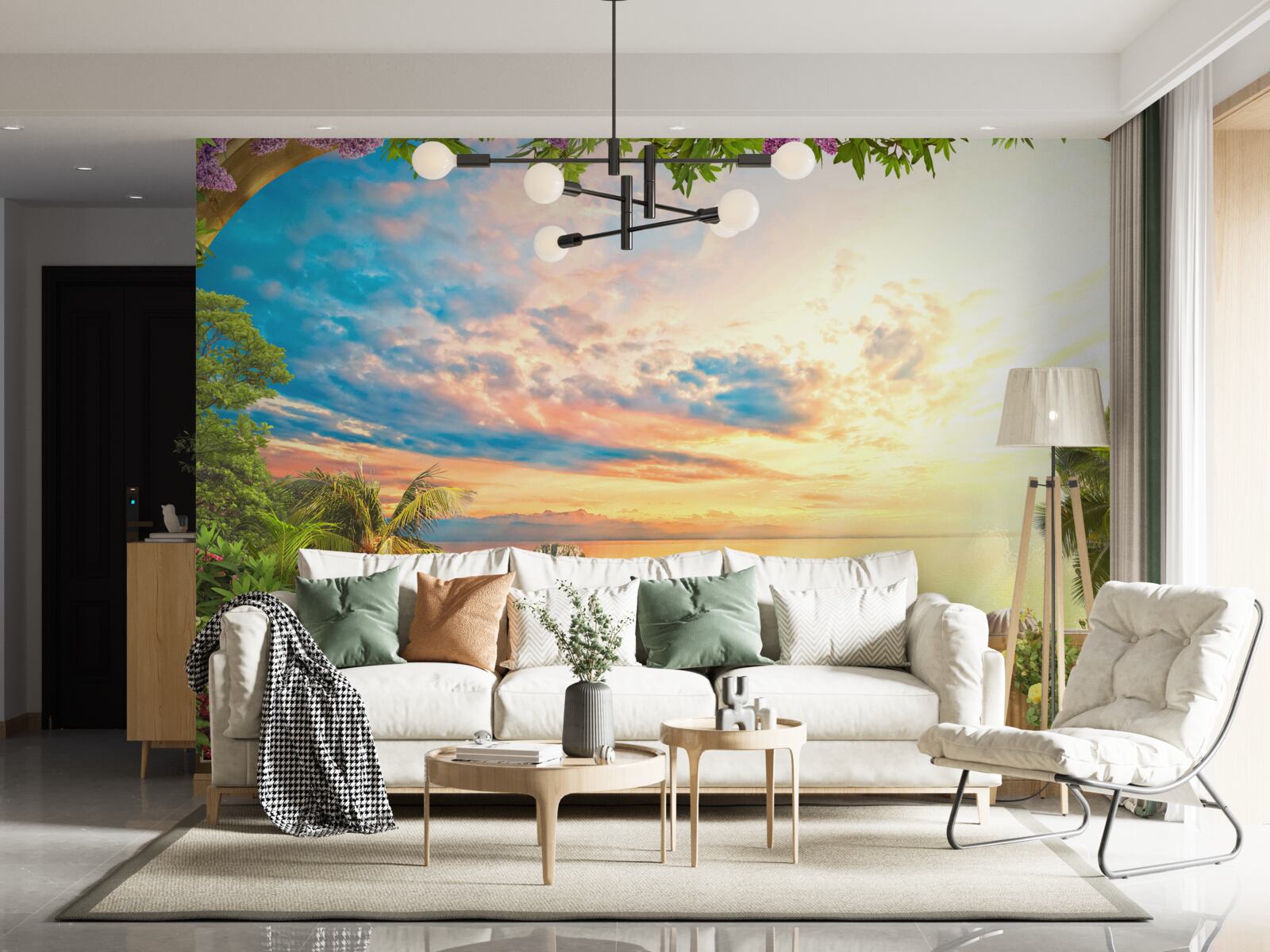 Fototapeta terasa s výhľadom na more, zaliata svetlom zapadajúceho slnka