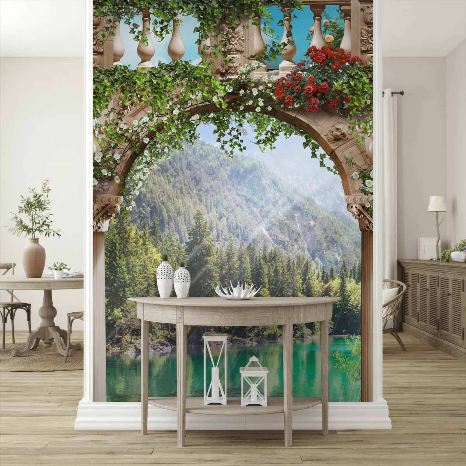 Fototapeta loď zdobená kvetmi v blízkosti oblúka