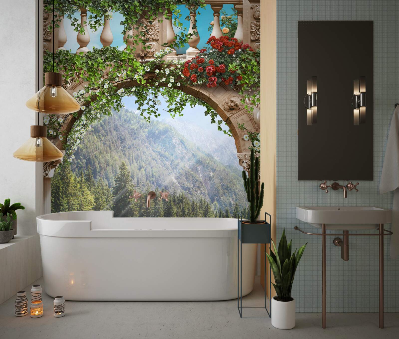 Fototapeta loď zdobená kvetmi v blízkosti oblúka