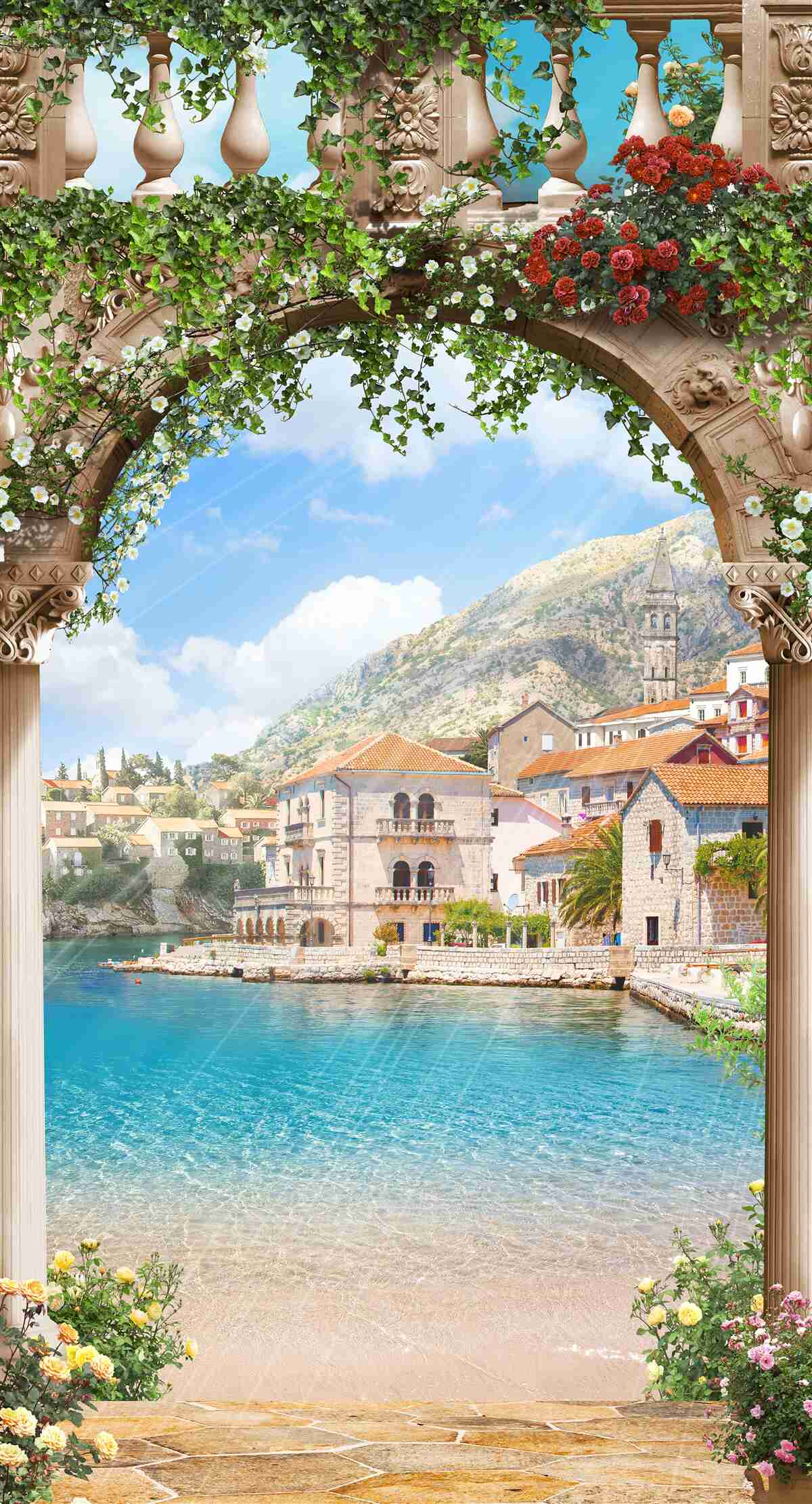 Fototapeta výhľad na more cez kvitnúci oblúk