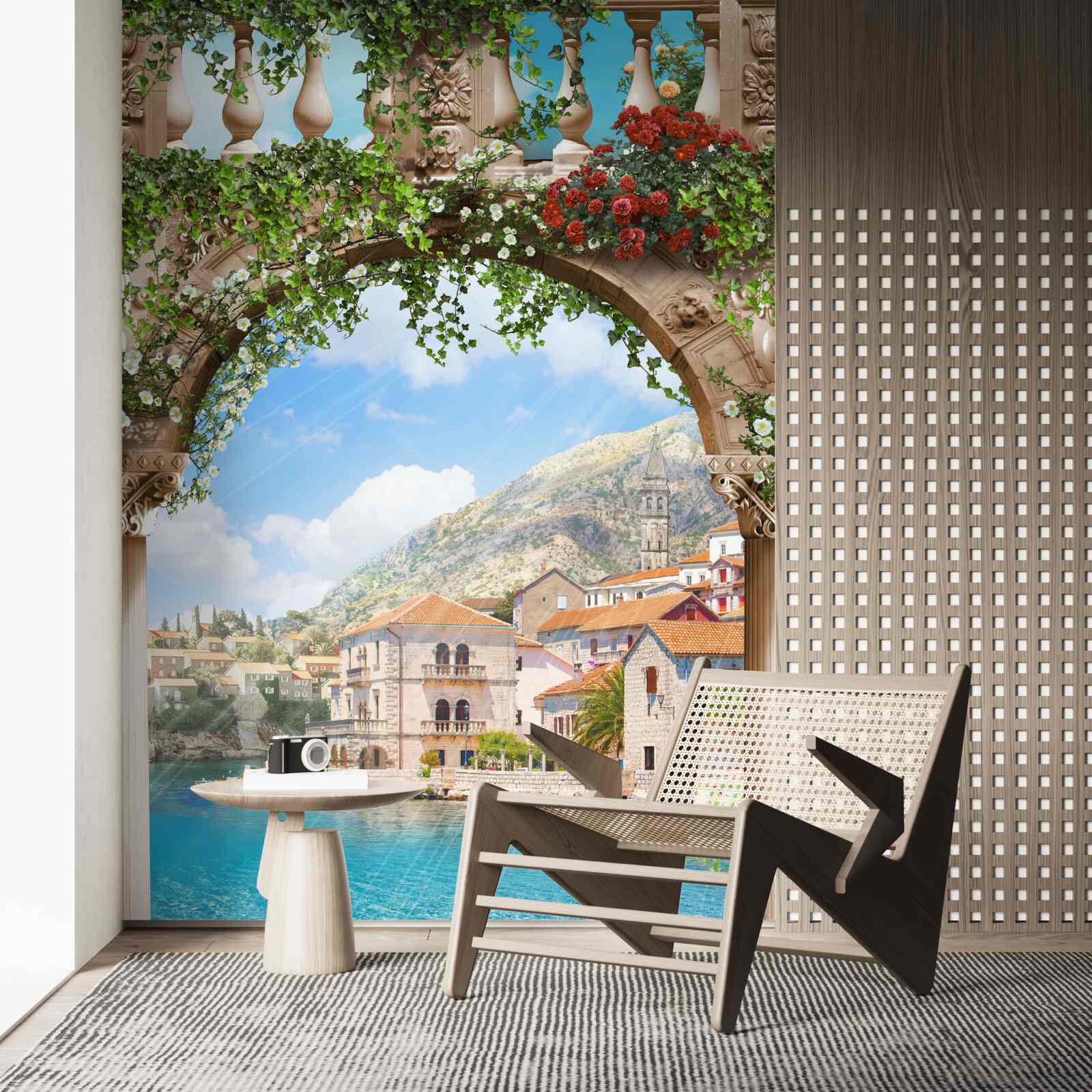 Fototapeta výhľad na more cez kvitnúci oblúk