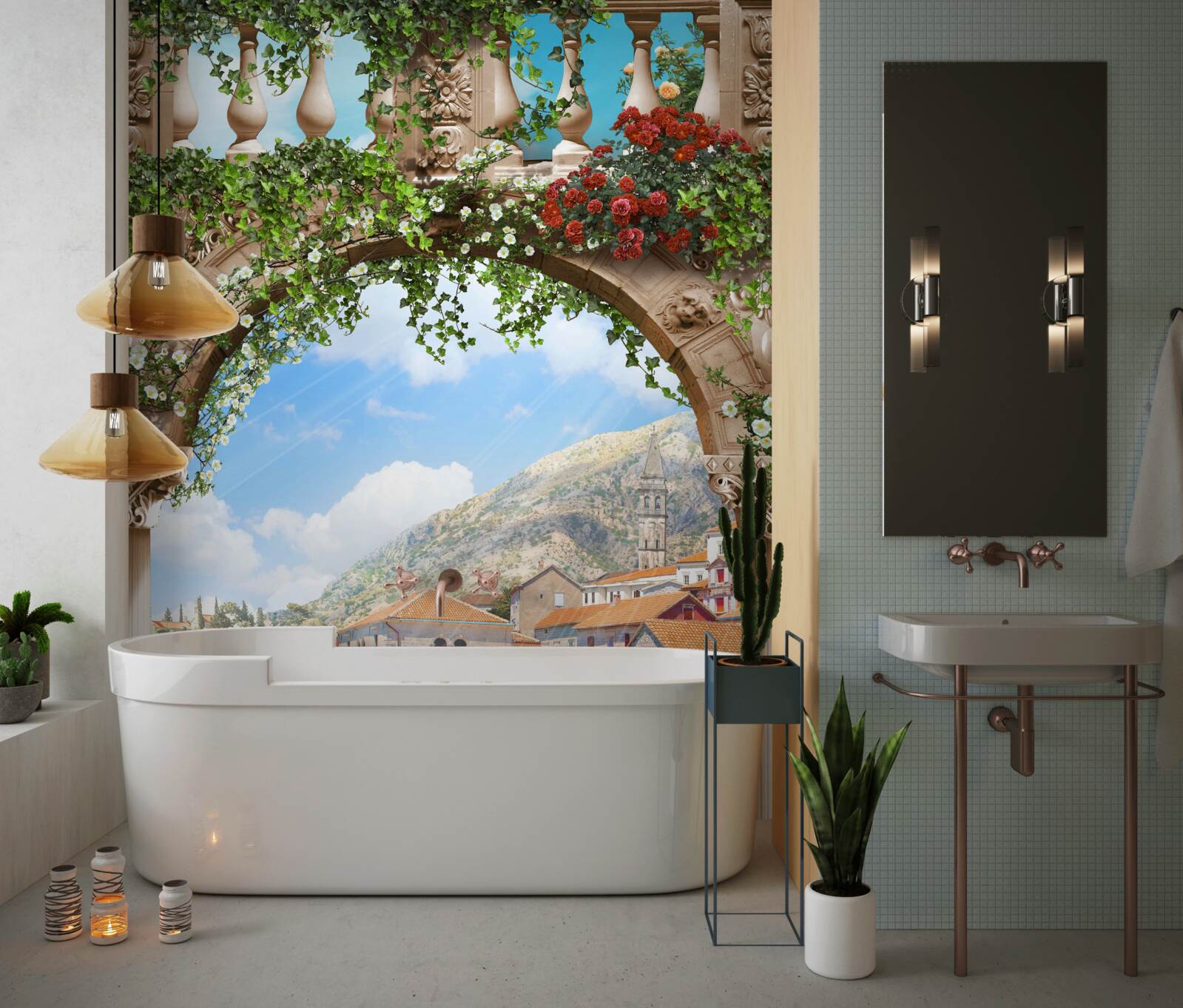 Fototapeta výhľad na more cez kvitnúci oblúk