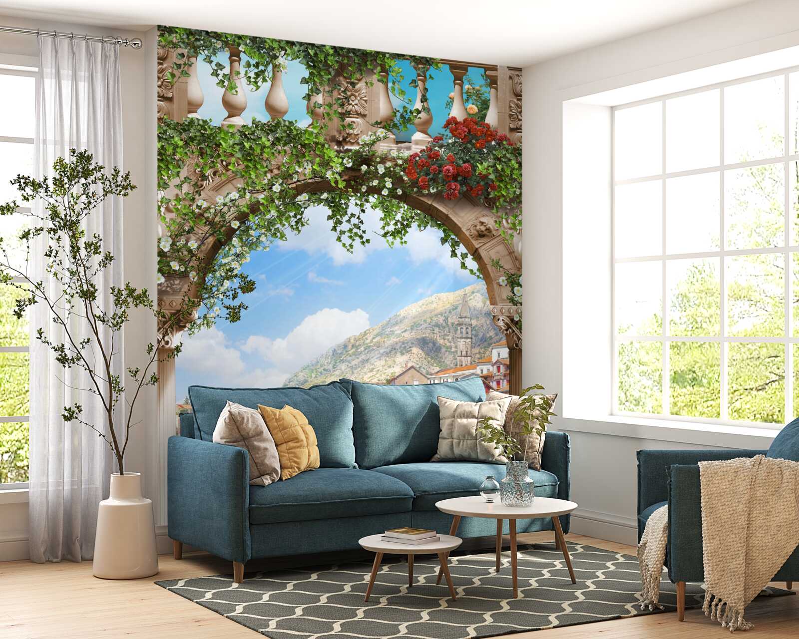 Fototapeta výhľad na more cez kvitnúci oblúk