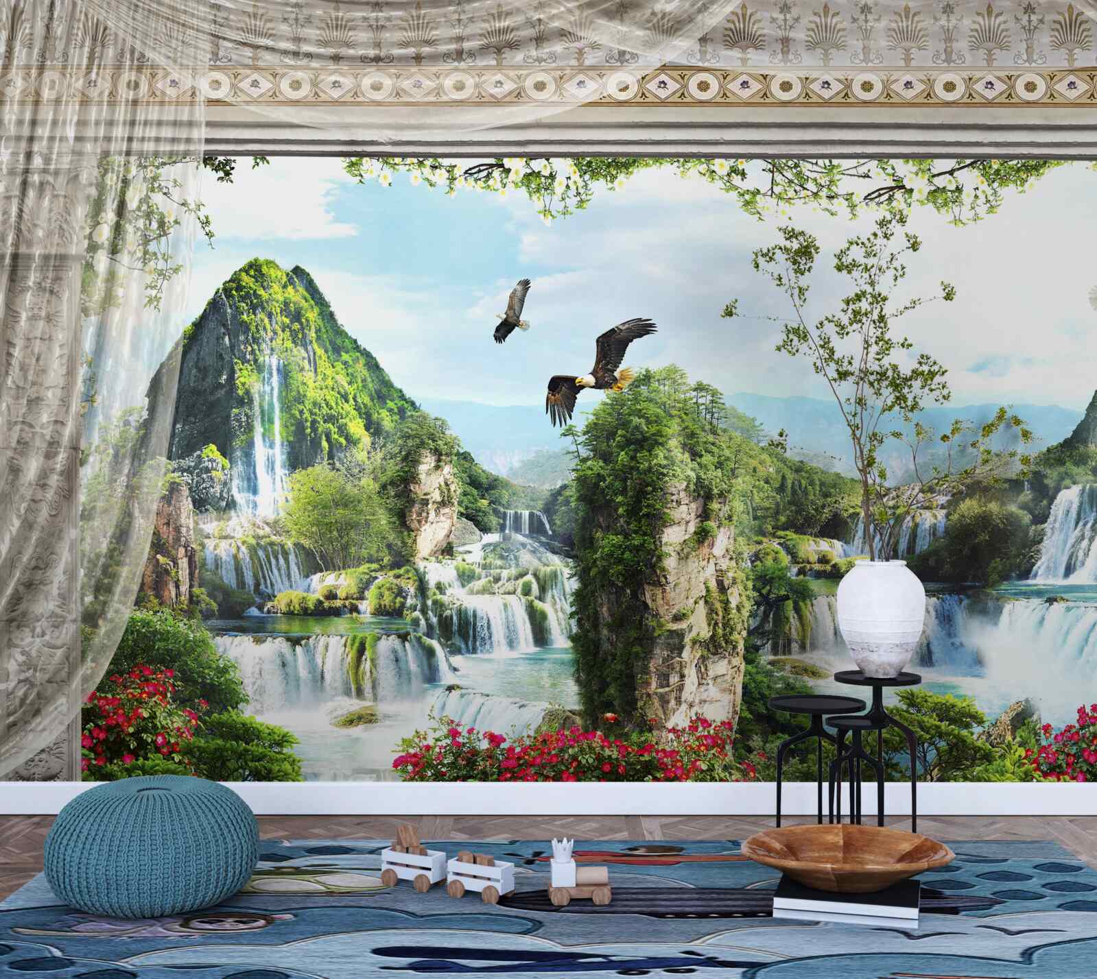 Fototapeta krajina s horami a vodopádmi