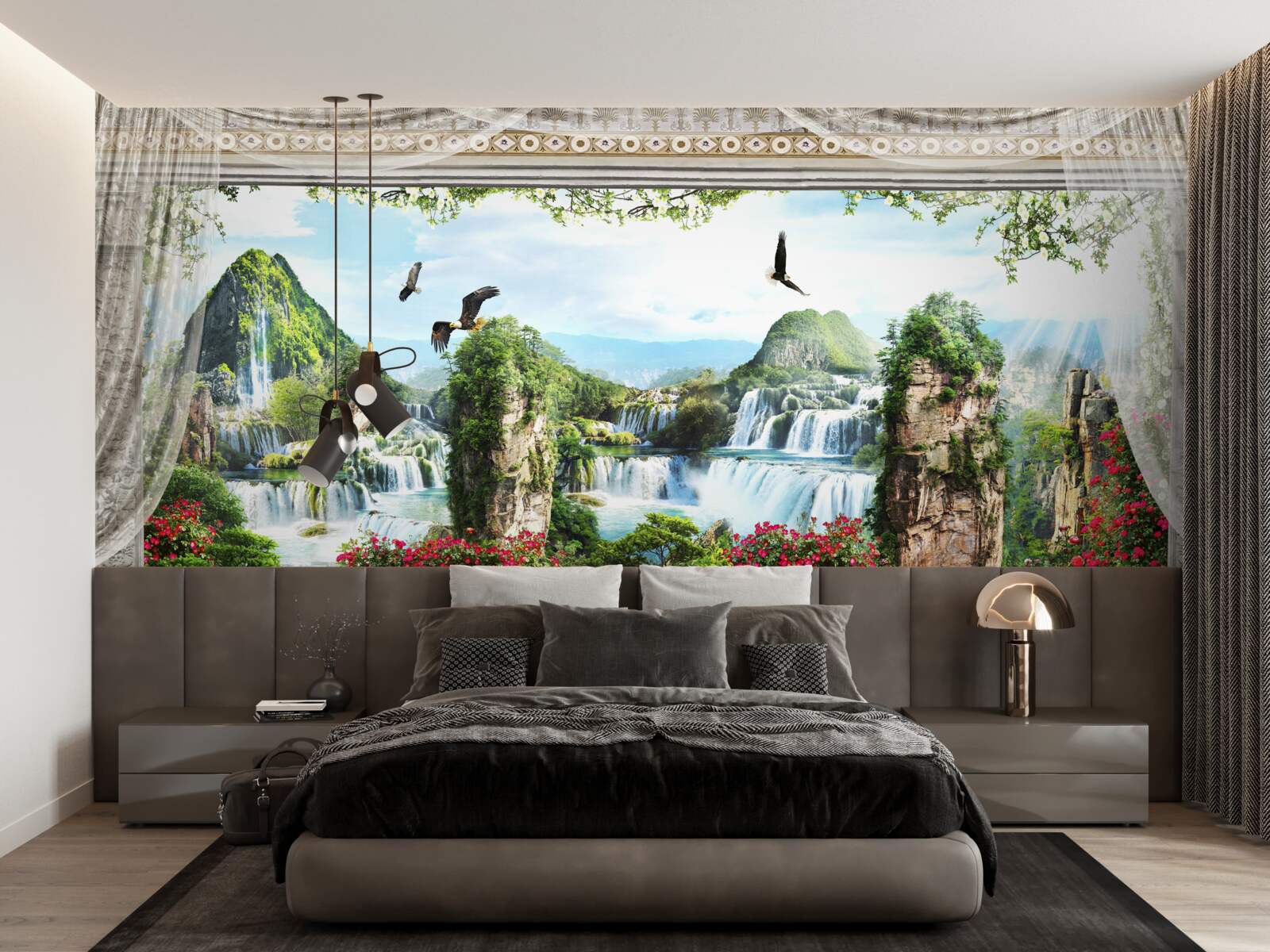 Fototapeta krajina s horami a vodopádmi