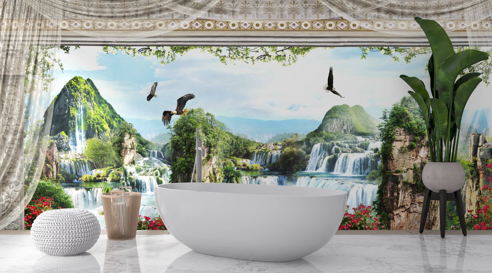 Fototapeta krajina s horami a vodopádmi