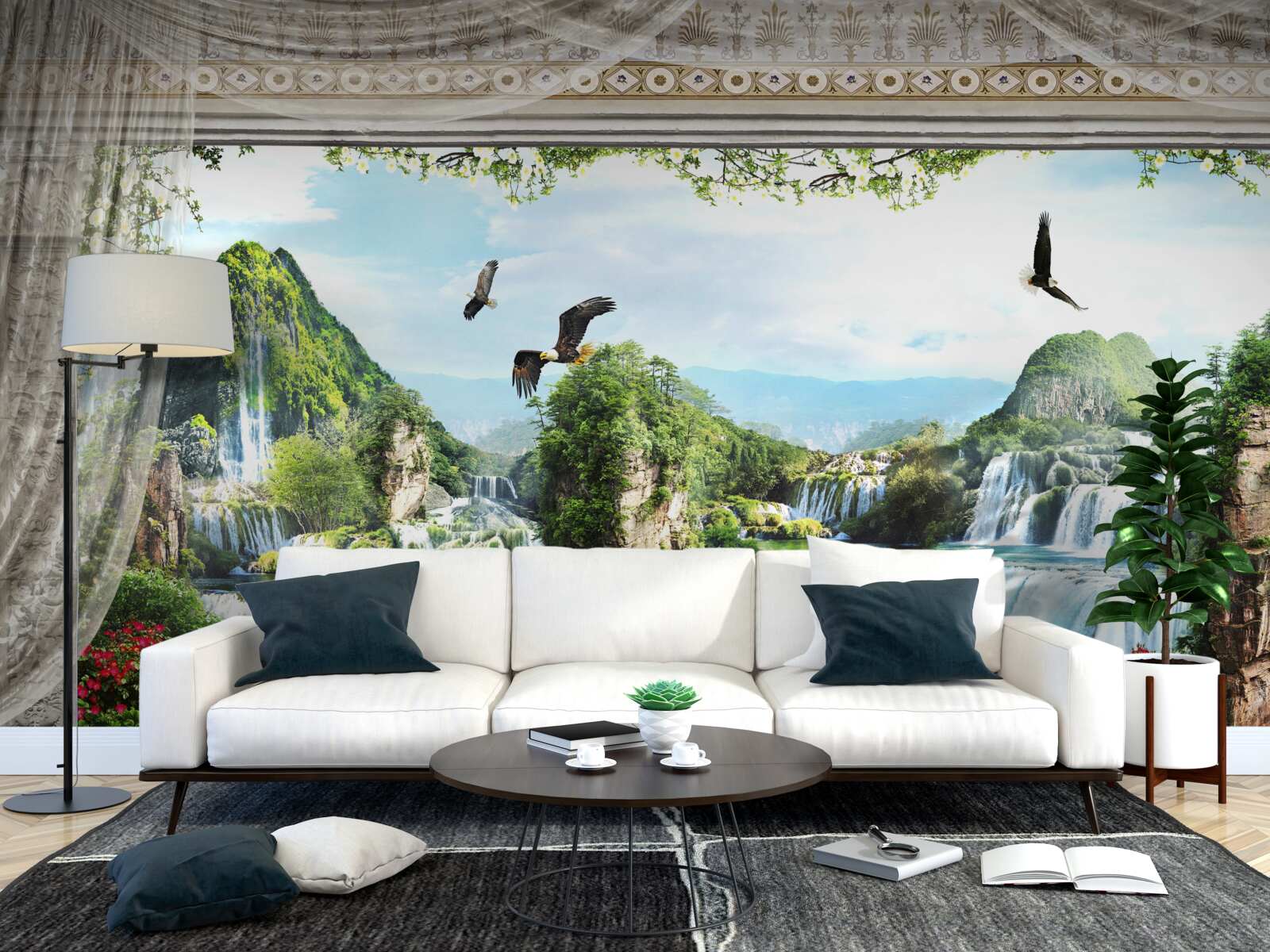 Fototapeta krajina s horami a vodopádmi