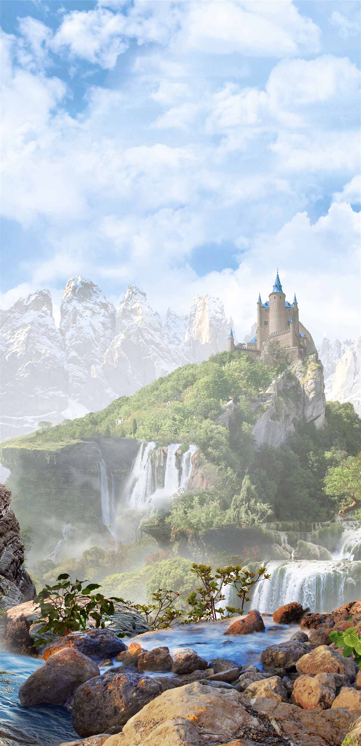 Fototapeta vodopády a v diaľke viditeľný hrad