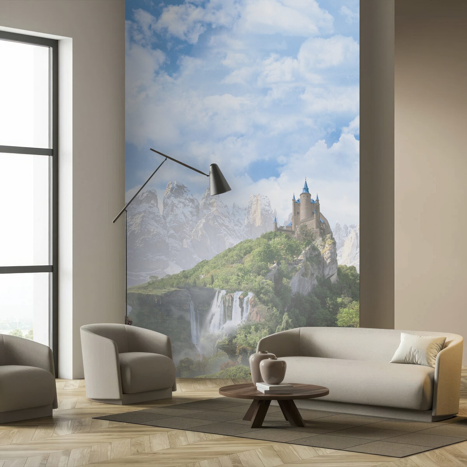 Fototapeta vodopády a v diaľke viditeľný hrad